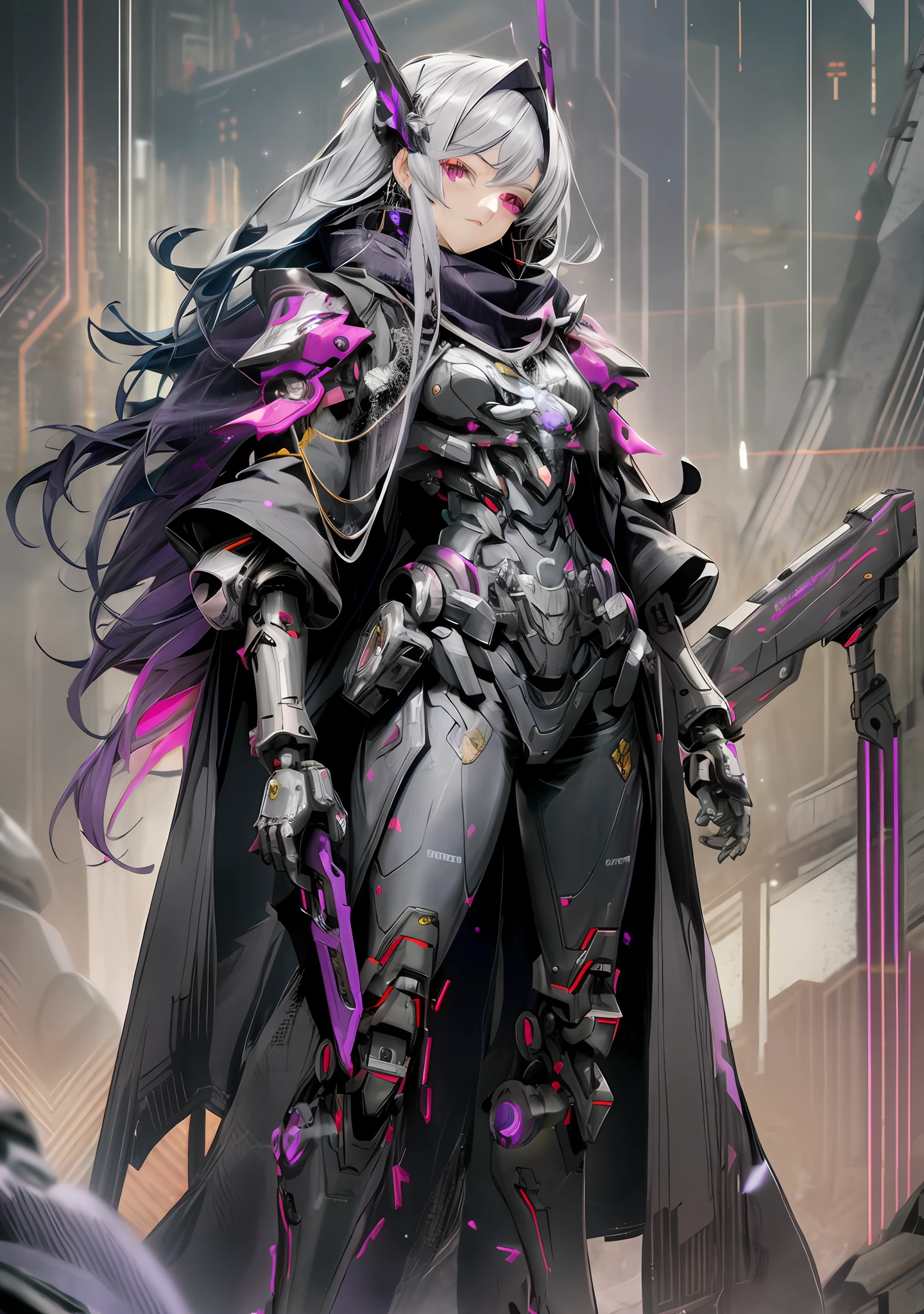 anime character with purple and black hair holding a gun, girl in mecha cyber armor, cyberpunk anime girl mech, armor girl, mechanized valkyrie girl, holy cyborg necromancer girl, female mecha, female cyberpunk anime girl, cushart krenz key art feminine, digital cyberpunk anime art, 2. 5 d cgi anime fantasy artwork