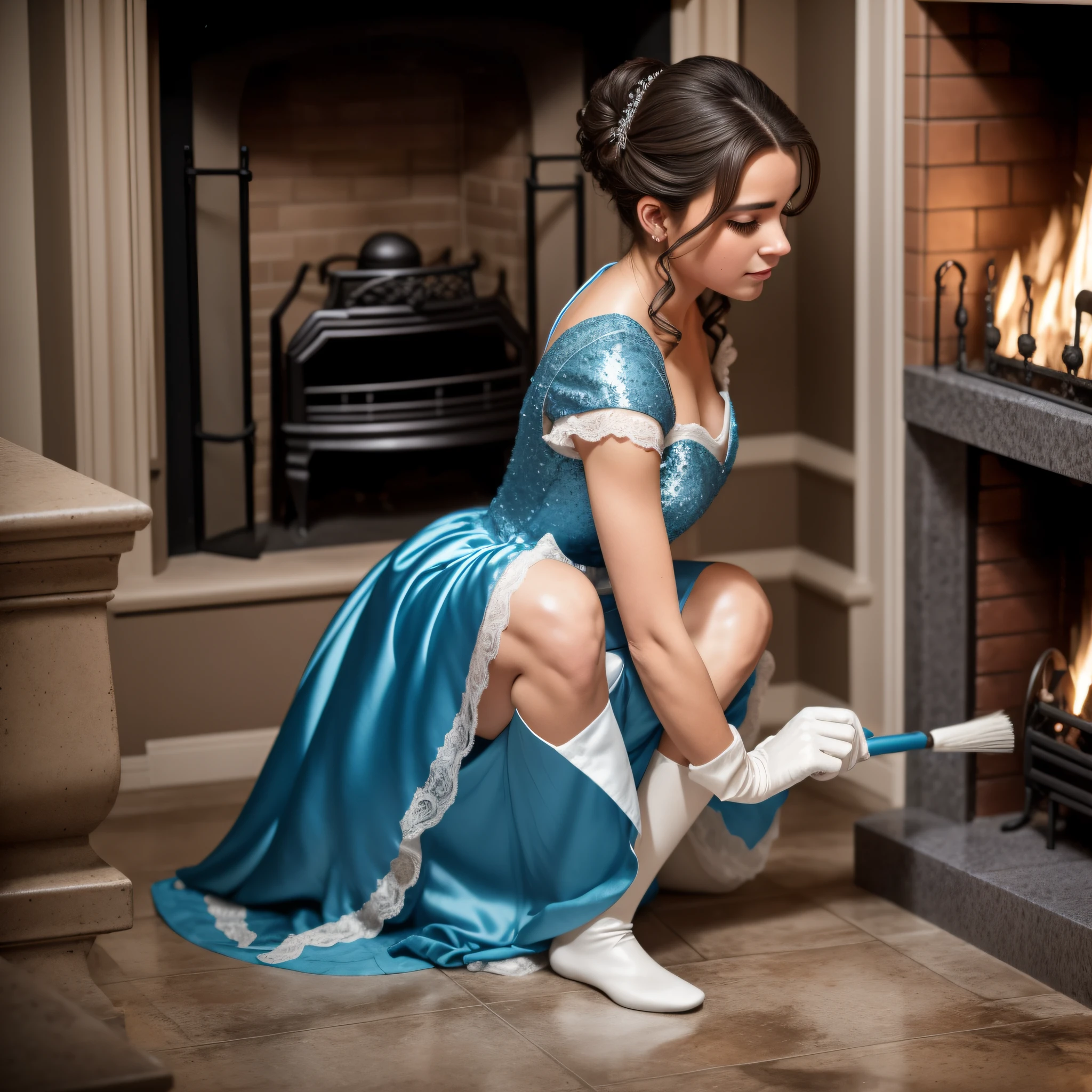 Cinderella, dressed still in her sparkling blue satin ballgown, kneels on the stone floor by the fireplace, scrubbing the caked-on dirt and grime with a brush. Her once-gleaming glass slippers are now scuffed and dirt-stained, but she hasn't bothered to take them off, her focus solely on the task at hand. Her hair, once styled in an elegant updo, has come undone, and strands of brown hair fall haphazardly around her flushed cheeks. She still wears her long, white satin gloves, now stained with soot and grime. Her face is smudged with soot and dirt, but her eyes still sparkle with the memory of the magical evening. Her movements are slow and deliberate, as if she is lost in thought, her mind still reeling from the events of the night. She continues to scrub the floor, a small smile playing at the corners of her lips. (housework) (messy) (((disheveled)))