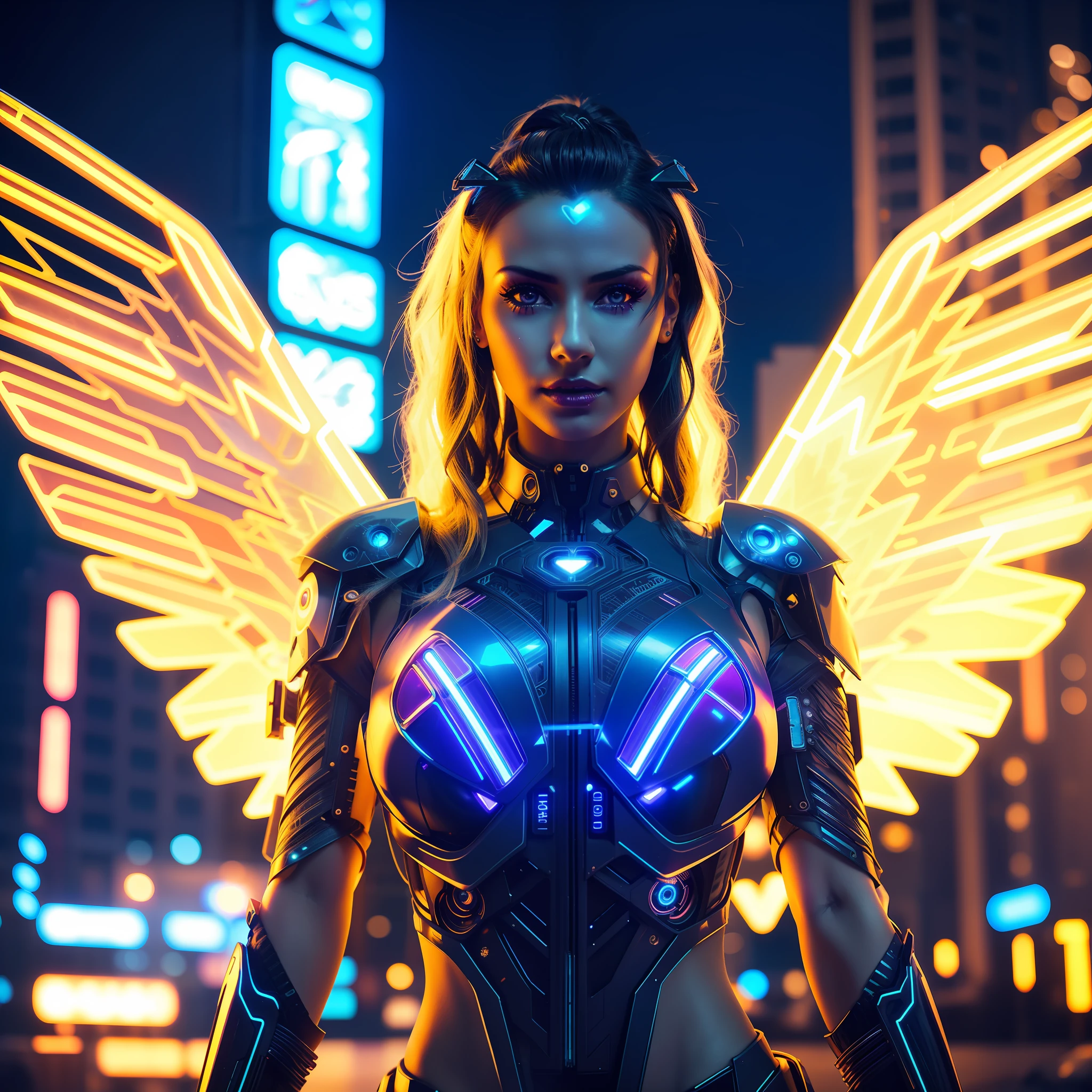 arafed woman in a futuristic costume with wings and glowing eyes, beautiful cyborg angel girl, cyberpunk angry gorgeous goddess, futuristic robot angel, tron angel, bright cyberpunk glow, cyberpunk photo, angel in plastic armor, cyberpunk 2 0 y. o model girl, beautiful cyberpunk woman model, cyberpunk beautiful girl, seductive cyberpunk dark fantasy, neon wings, cyberpunk lighting