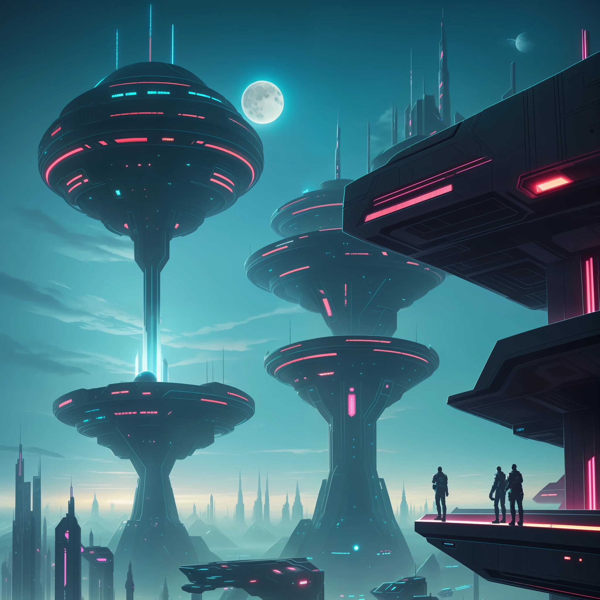 futuristic city with a man standing on a ledge looking at the moon, in fantasy sci - fi city, science fiction fantasy, futuristic utopian fantasy, depicted as a scifi scene, fantasy sci - fi, epic fantasy sci fi illustration, science fiction art, fantasy science fiction, fantasy scifi, science fiction painting, greg beeple, cybernetic civilizations
