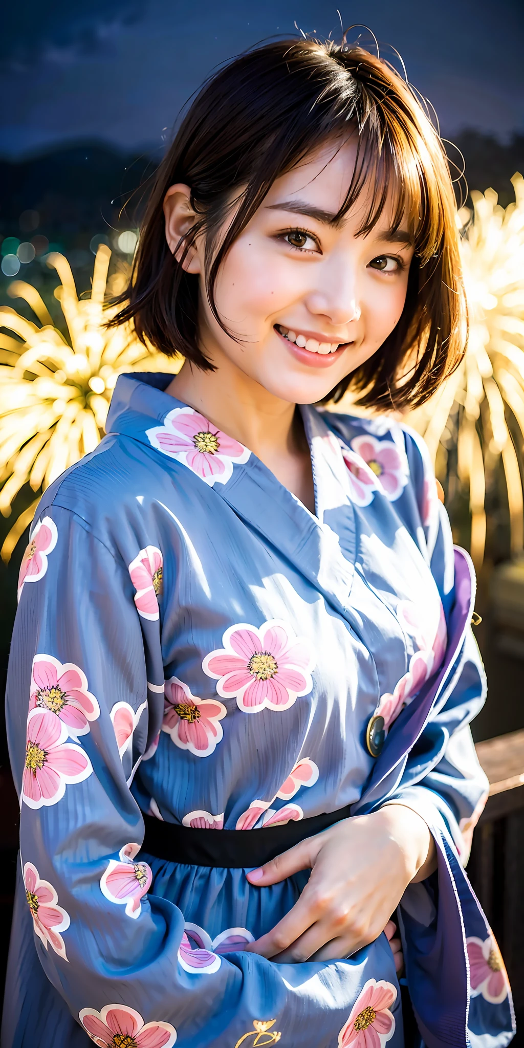 1girl, RAW photo, masterpiece, top quality, high quality, exquisite, 8k, 32k, high resolution, absurdity, (realistic:1.4), (detail clothing:1.2), Japan idol, short messy hair, smile, embarrassing, blush, very cute and beautiful face and eyes, black eyes, small breasts, cute, school, fireworks display, night, cityscape, yukata