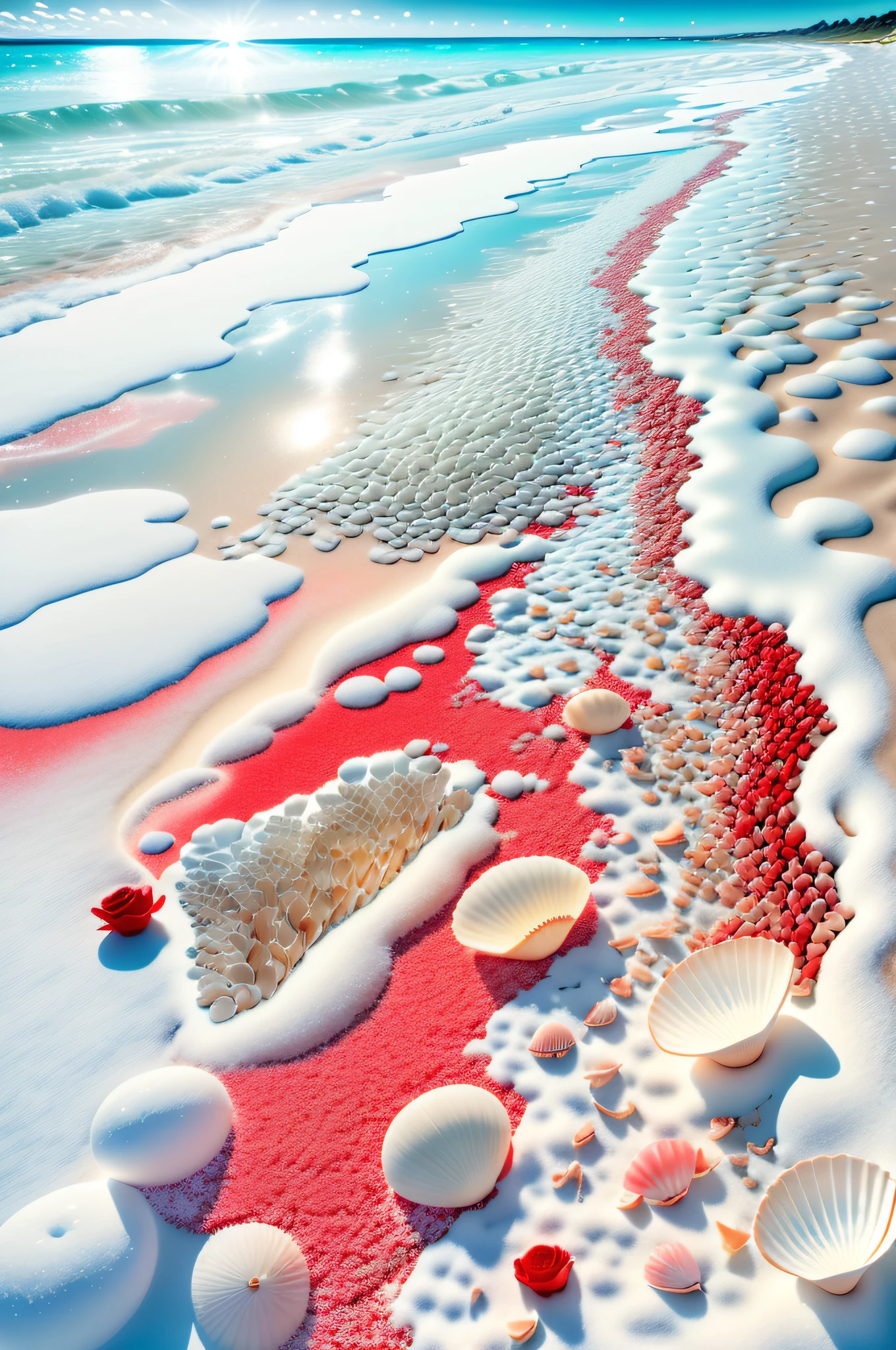 delicate scene,depth of field, 8K, The ivory sky,white clouds,and sunlight shine on the snow-white beach. The coral sea,and many colorful tinny shells on the beach,red roses, roses focus,