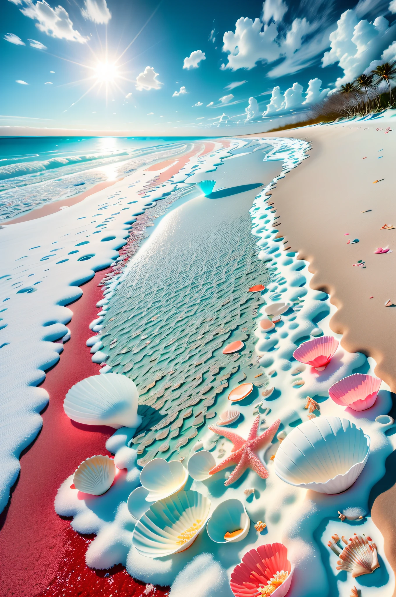 delicate scene,depth of field, 8K, The ivory sky,white clouds,and sunlight shine on the snow-white beach. The coral sea,and many colorful tinny shells on the beach,red roses, roses focus,