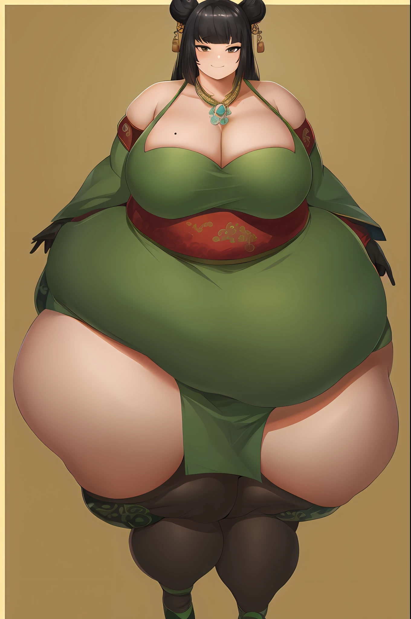 detailed skin texture, detailed cloth texture, beautifully detailed face, masterpiece, best quality, ultra detailed, 8k, intricate details, best quality, 1girl, bangs, ????_shoulders, black_hair, ancient china background, ???????????, cape, cleavage, collarbone, green dress with patterns, gloves, hair_bun, hair_ornament, hair_stick, jewelry, one mole under eye, necklace, smile, solo, thighhighs, (hiqcgbody:0.5), (hiqcgface:0.5), full-body shot, fat , (wide ????:1.6), (massive thighs:1.6), extremely fat, obese, blob, extremely obese