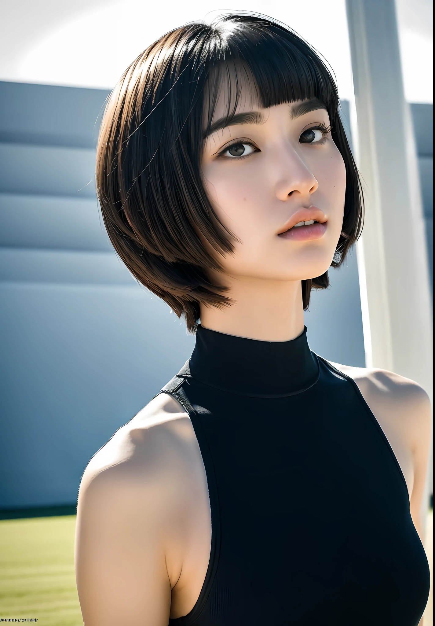 1 girl, black hair, bangs with brows, bob-cut hair, high jump athlete, being in the middle of the arena, full body, perfect anatomy, depth of field, spiritual stillness, transcendental tranquility, Absurdres, HDR, super detailed illustration, highly detailed face, RAW photography, film grain, deviantart trend, movie scene, natural light