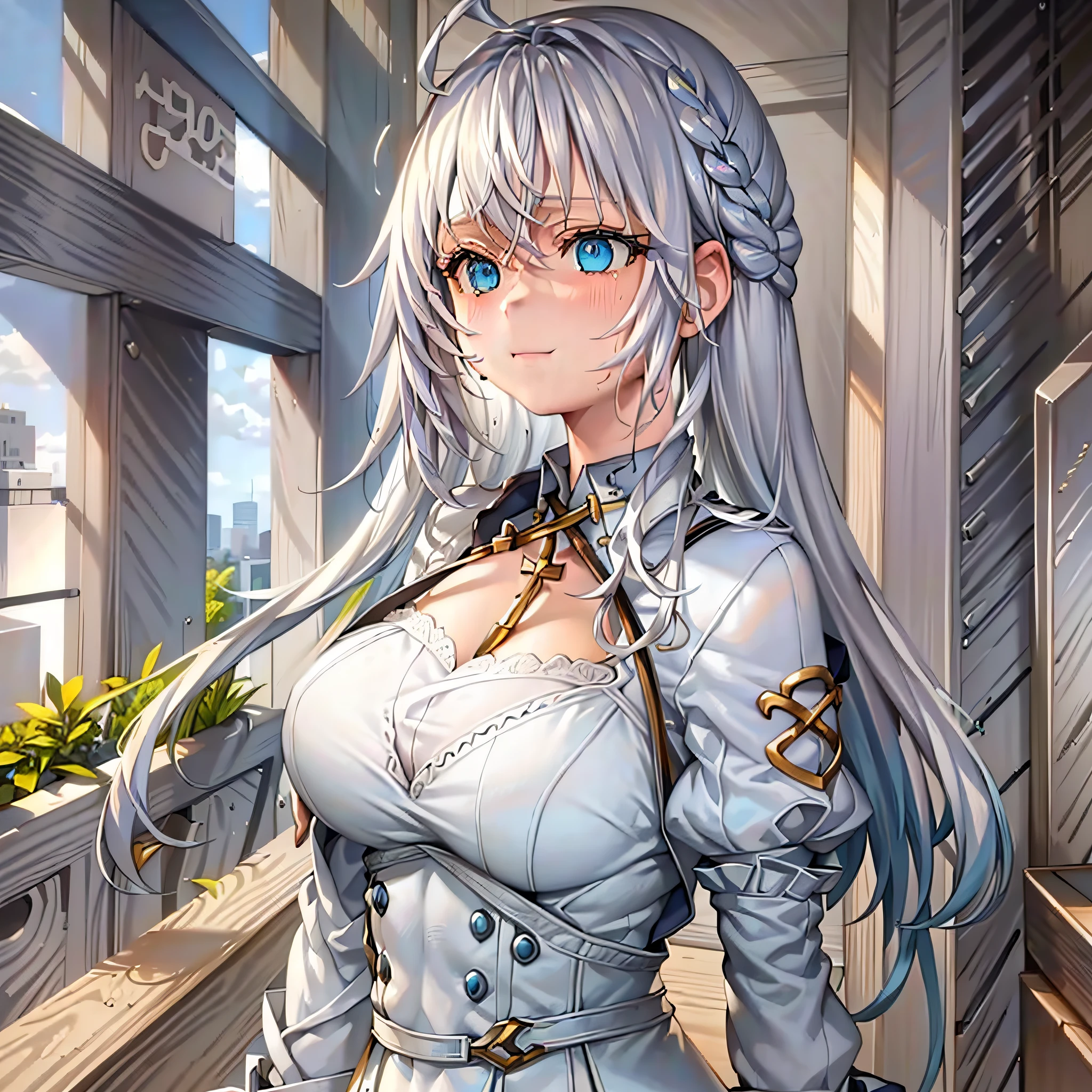 clothes reflecting light, (light diffraction on skin: 1.35), (glossy skin: 1.55), (iridescence effect: 1.55),anime, a woman with white hair and blue eyes smiling seductively is standing in a room, , process art, seductive anime girl, loli in dress, visual anime of a cute girl, girl with perfect white hair, anime moe artstyle,  fine details. Girls Frontline, From Girls Frontline, A Hyperrealistic Schoolgir, Anime Girl Wearing White Shirt with Blue Hair, Breasts, 1Girl, Neckline, Shirt, Long Hair, Blue Eyes, Drowning, Solo, White Shirt, Big Breasts, Wet, Wet Clothes, Blush, Short Sleeves, Bangs,(Masterpiece, Best Quality, Ultra-Detailed: 1.6), Illustration, (Solo, 1 Girl, Beautiful Detailed Eyes: 1.2), City, Street, Making a Heart with Fingers, Expression of girl in love, open the neckline of her dress