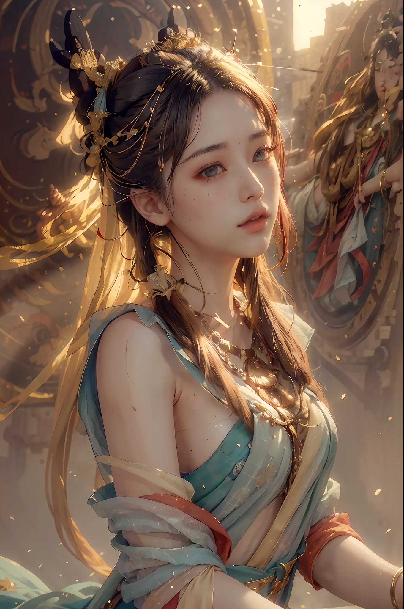 (RAW photo, best quality), (realistic, photo-realistic:1.3),best quality,highly detailed,masterpiece,ultra-detailed,illustration,1girl,upper_body,dynamic angle,world masterpiece theater,messy_long_hair,best quality,extremely detailed CG unity 8k wallpaper,ink,Amazing,cinematic lighting,lens_flare,,dunhuang_style