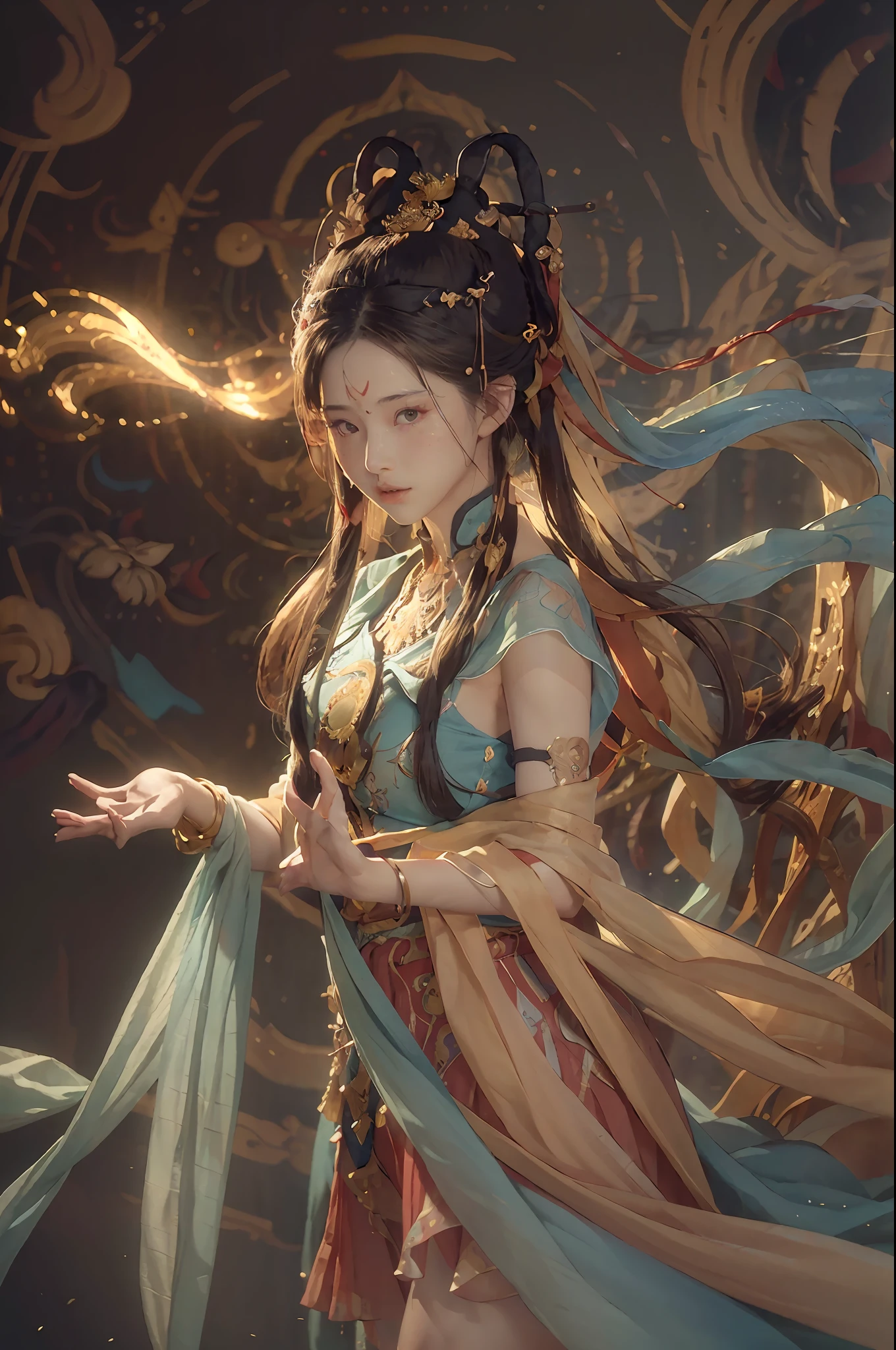 (RAW photo, best quality), (realistic, photo-realistic:1.3),best quality,highly detailed,masterpiece,ultra-detailed,illustration,1girl,upper_body,dynamic angle,world masterpiece theater,messy_long_hair,best quality,extremely detailed CG unity 8k wallpaper,ink,Amazing,cinematic lighting,lens_flare,,dunhuang_style