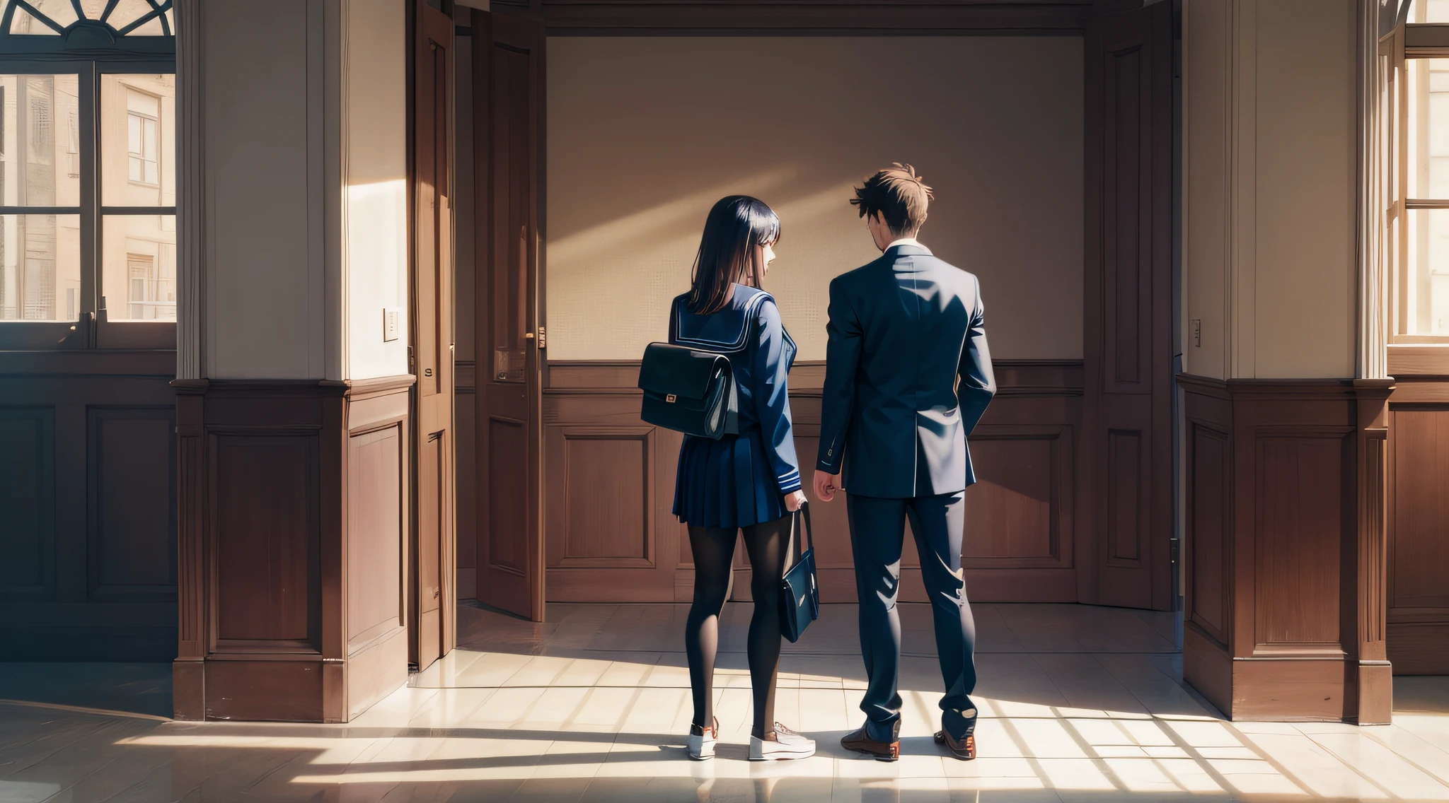 Two people, standing, different schools,