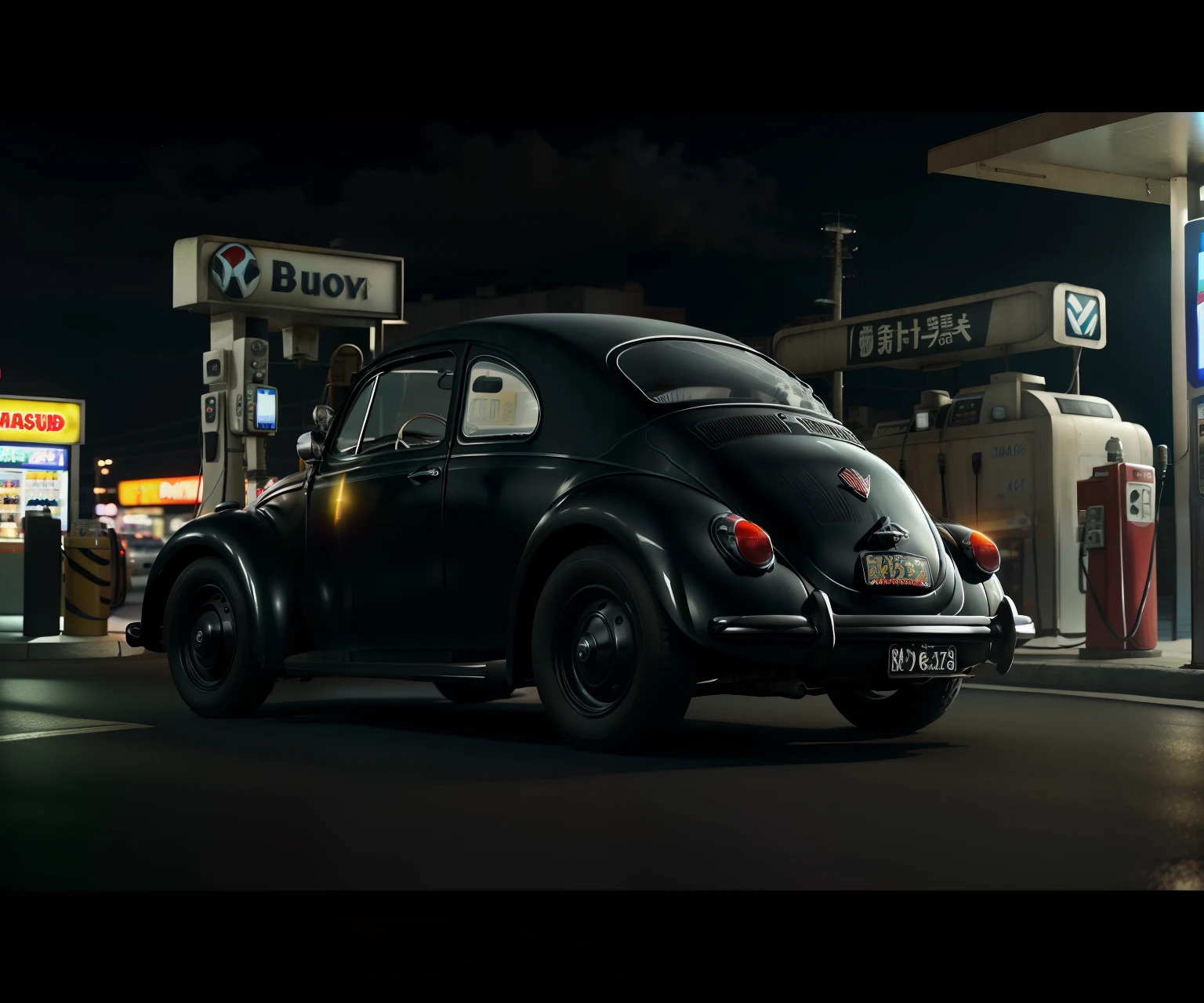 Black Beetle Around Gas Station,(AtomPunkStyleSD15:1.0), (Masterpiece:1.2) (Photorealistic:1.2) (bokeh) (best quality) (detailed skin) (intricate) (8k) (HDR) (cinematic lighting) (sharp focus)