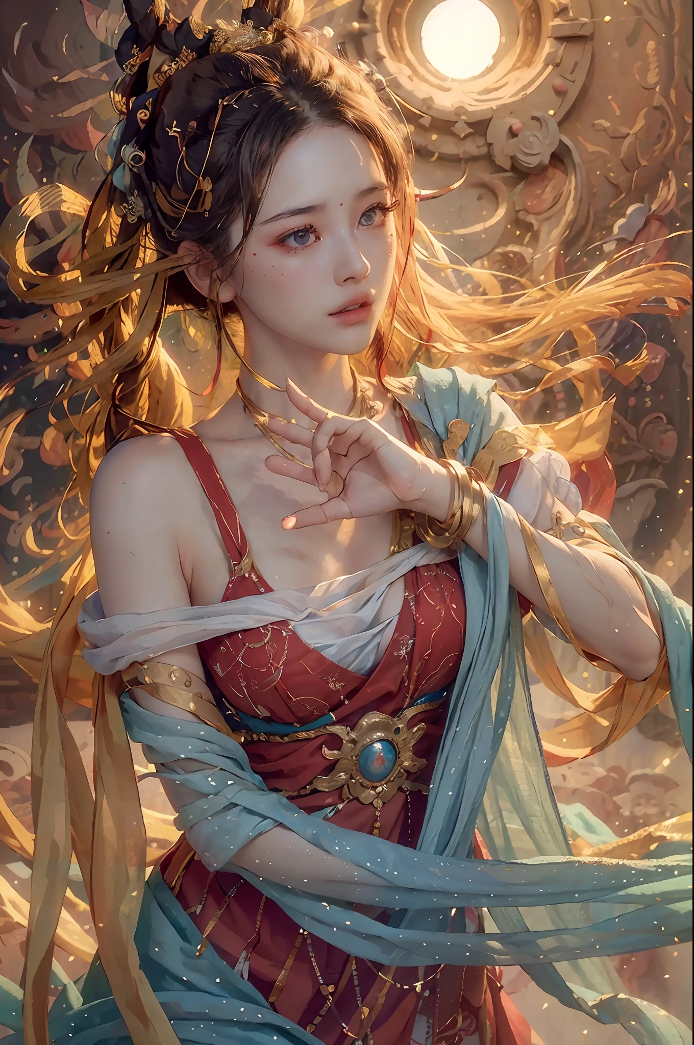 (RAW photo, best quality), (realistic, photo-realistic:1.3),best quality,highly detailed,masterpiece,ultra-detailed,illustration,1girl,upper_body,dynamic angle,world masterpiece theater,messy_long_hair,best quality,extremely detailed CG unity 8k wallpaper,ink,Amazing,cinematic lighting,lens_flare,,dunhuang_style