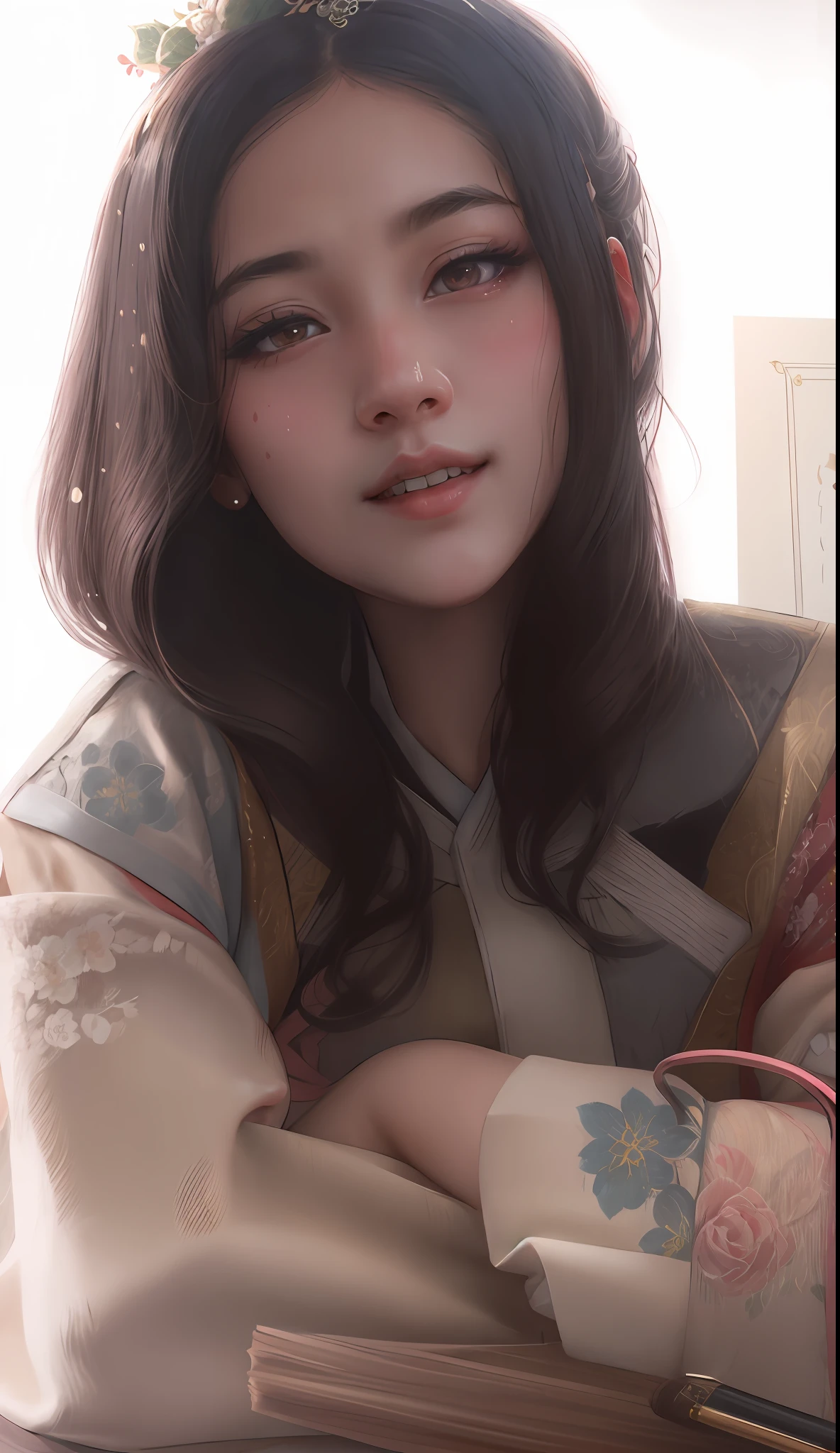 wonderful girl, japanes face, japanes girl,sharp nose, rose crown,caucasian, 20 years old,beautiful look, detailed dress, detailed hair, ultra focus, face ilumined, face detailed, 8k resolution, painted, , oil painting, heavy strokes, paint dripping