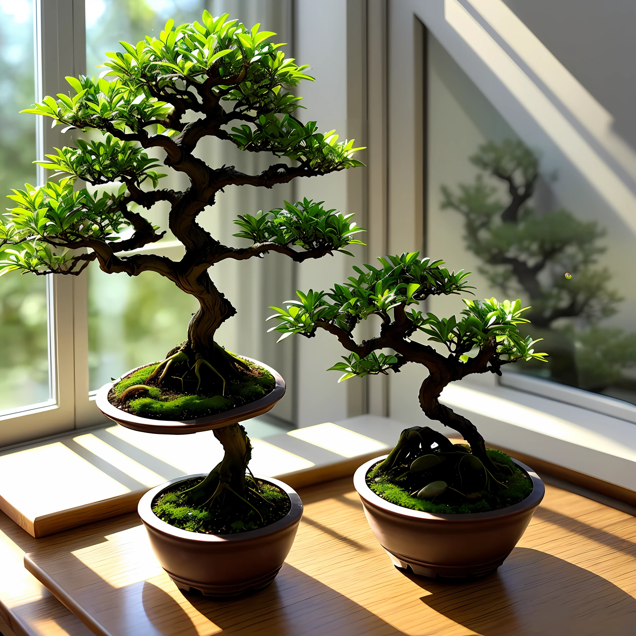 Miniature bonsai placed on the table sunlight shines through the window