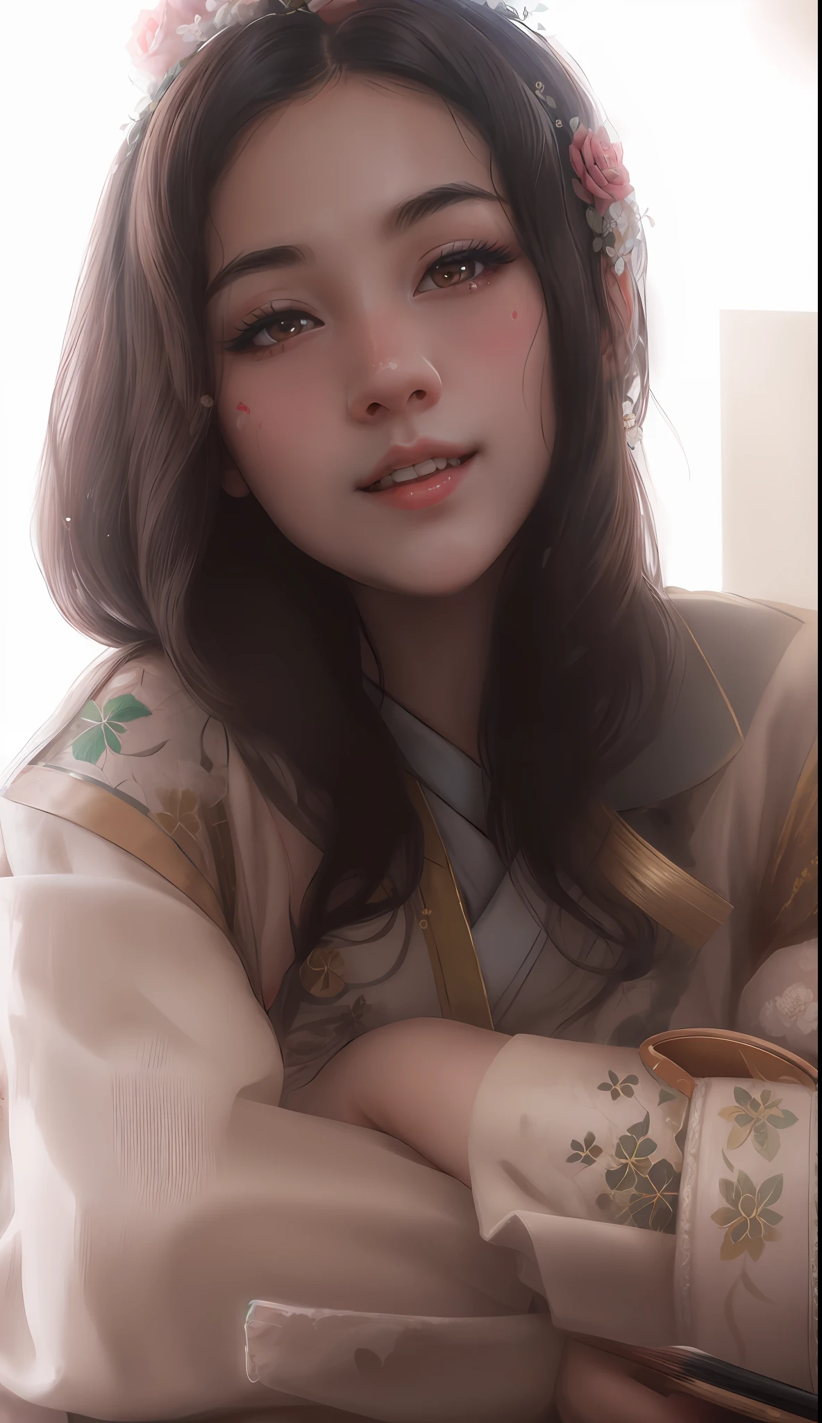 wonderful girl, japanes face, japanes girl,sharp nose, rose crown,caucasian, 20 years old,beautiful look, detailed dress, detailed hair, ultra focus, face ilumined, face detailed, 8k resolution, painted, , oil painting, heavy strokes, paint dripping