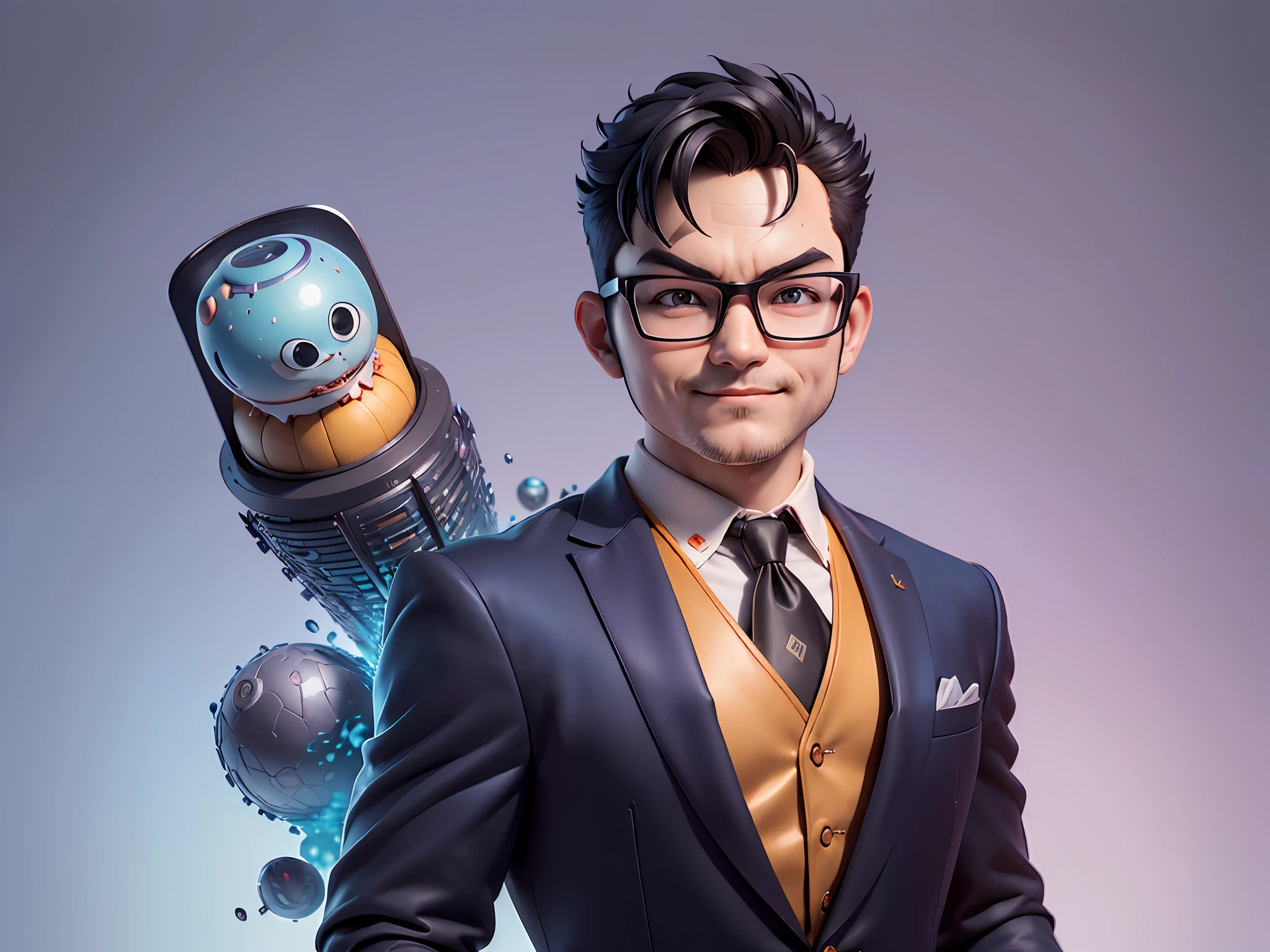 (((Masterpiece), (Excellent), (Super Meticulous), (Full Body: 1.2), Super Young Man, Oriental Face, Japanese Wind and Thunder God, Dragon, Tiger, TV Anchor, Bust Portrait Illustration, Alone, Black Formal Suit, Blue Tie, Slightly Chubby Face, Silver Glasses Face Very Clean No Beard, Black Super Short Hair, Black Eyes, Confident Smile, 3c Computer Sub-Products, iPad, iPhone, Digital Painting, 3D Character Design by Akira Toriyama and Mark Claireden and Pixar and Hayao Miyazaki, The illustration is a high-definition illustration in 4K resolution with very detailed facial features and cartoon-style visuals.