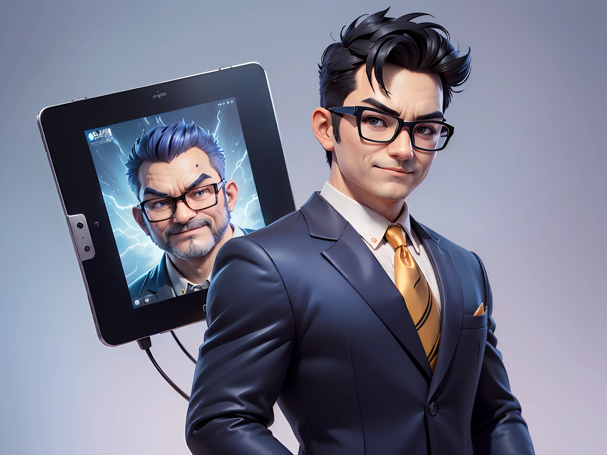 (((Masterpiece), (Excellent), (Super Meticulous), (Full Body: 1.2), Super Young Man, Oriental Face, Japanese Wind and Thunder God, Dragon, Tiger, TV Anchor, Bust Portrait Illustration, Alone, Black Formal Suit, Blue Tie, Slightly Chubby Face, Silver Glasses Face Very Clean No Beard, Black Super Short Hair, Black Eyes, Confident Smile, 3c Computer Sub-Products, iPad, iPhone, Digital Painting, 3D Character Design by Akira Toriyama and Mark Claireden and Pixar and Hayao Miyazaki, The illustration is a high-definition illustration in 4K resolution with very detailed facial features and cartoon-style visuals.