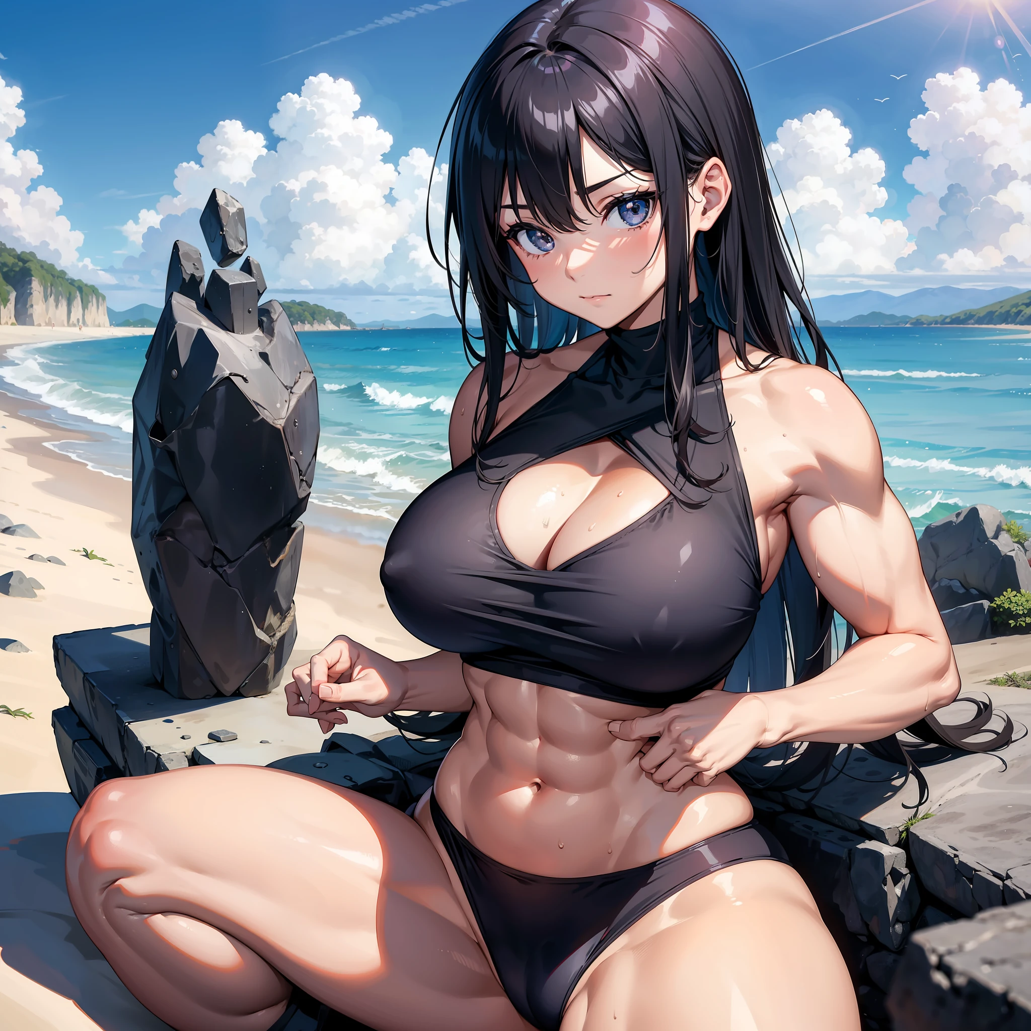 a girl, muscular body, huge breasts, black pubic hair, in sexy position, on the beaches of Japan