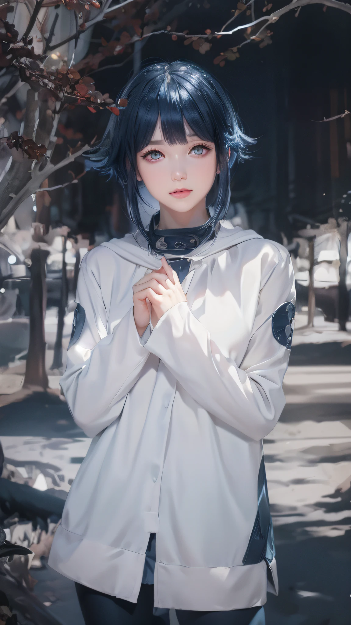 Huge white eyes, bangs, beautiful breasts, shyness, dark blue hair, white clothes, depth of field, light and shadow, fine hand details, Konoha ninja forehead details depicted, simple background