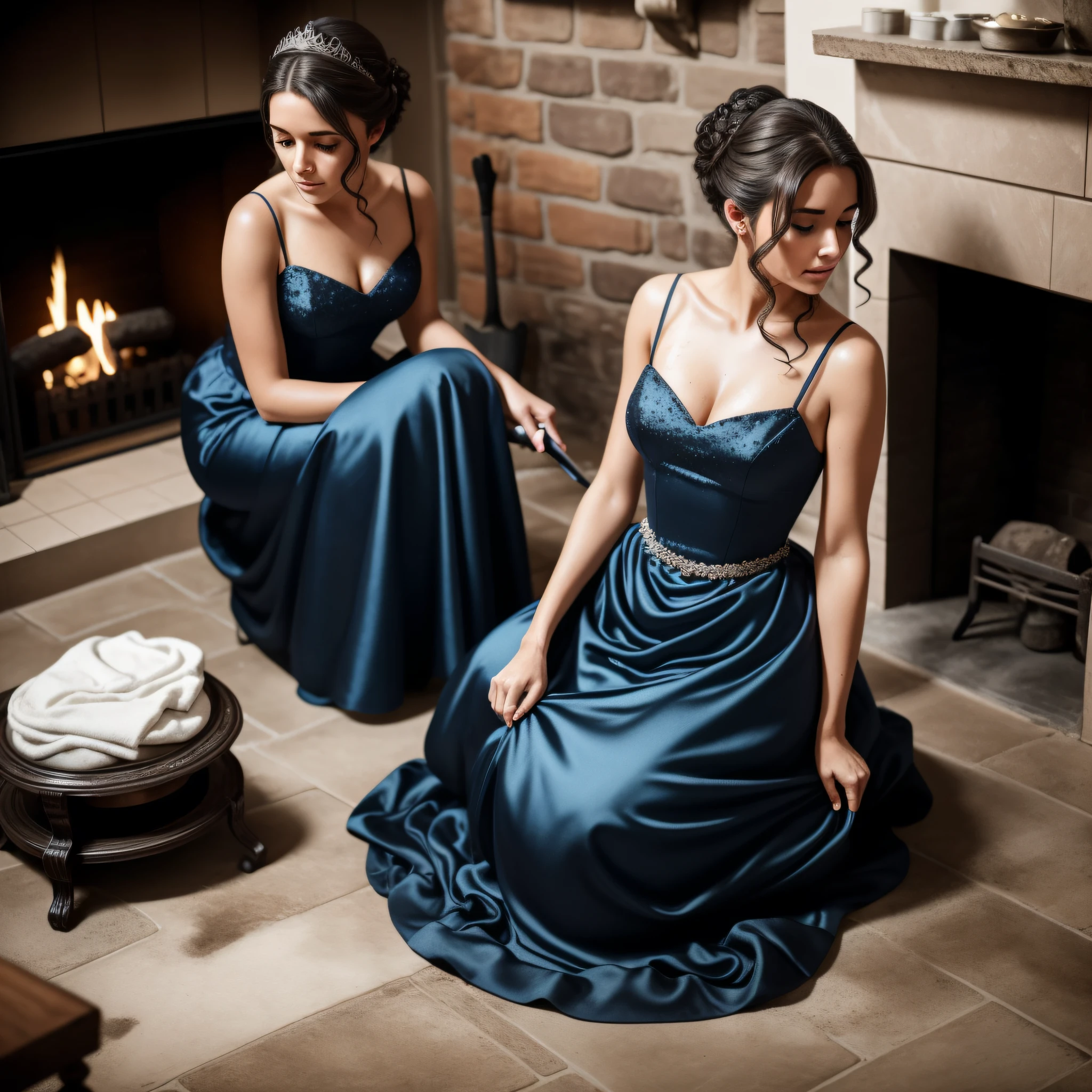 Cinderella, dressed still in her soot-stained, sparkling blue satin ballgown, kneels on the dirty, stone kitchen floor by the fireplace, scrubbing the caked-on dirt and grime with a brush. Her once-gleaming glass slippers are now scuffed and dirt-stained, but she hasn't bothered to take them off, her focus solely on the task at hand. Her hair, once styled in an elegant updo, has come undone, and strands of brown hair fall haphazardly around her flushed cheeks. She still wears her long, white satin gloves, now stained with soot and grime. Her face is smudged with soot and dirt, but her eyes still sparkle with the memory of the magical evening. Her movements are slow and deliberate, as if she is lost in thought, her mind still reeling from the events of the night. She continues to scrub the floor, a small smile playing at the corners of her lips. (housework) (messy) (((disheveled)))