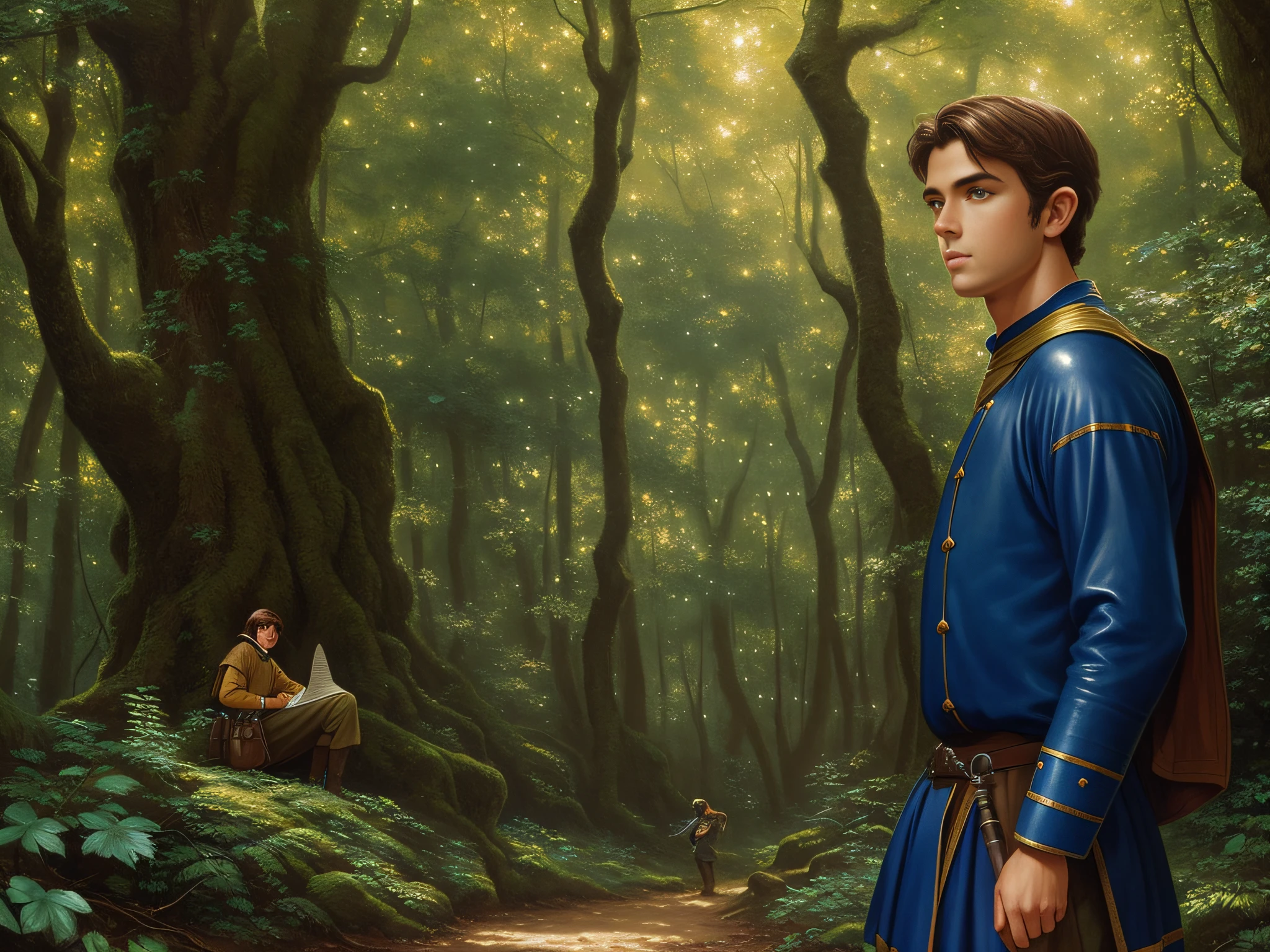 portrait of a young brown-haired boy wearing a medieval blue and gold leather adventurer's gibbon in an oak forest, Painted by: Ted Nasmith, super detailed, super facial rendering, Side View.