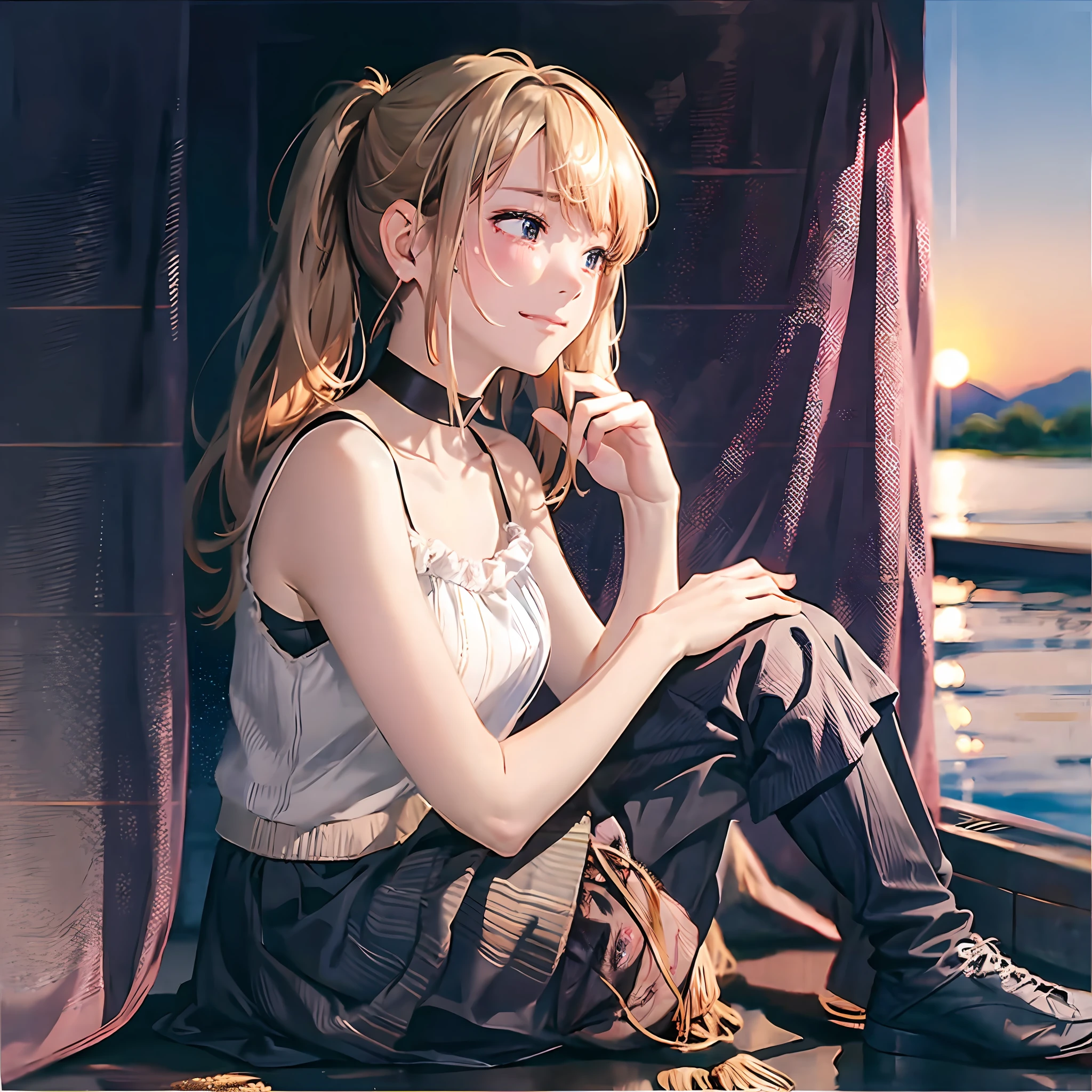 Top Quality, Best Masterpiece, 1 Woman, Solo, 20 Years Old, (Close Eyes: 1.4), Open Mouth, (Sad Smile Crying: 1.4), (from Side: 1.3), (Looking Away: 1.4) Slender Body, (Gold Hair), Low Twin Tails, Shiny Hair, Tank Top with Red Lines on Black, Checked Skirt, Black Sneakers, Blushing, evening, a lot of rice fields, big sunset, sitting in the steppe, choker, hiding hands behind your back