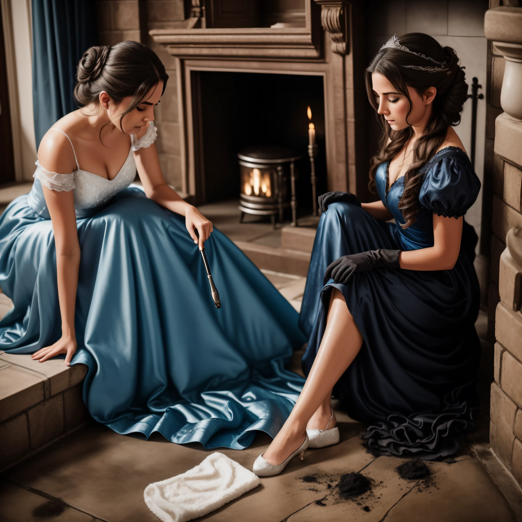 Cinderella, dressed still in her soot-stained, sparkling blue satin ballgown, kneels on the dirty, stone kitchen floor by the fireplace, scrubbing the caked-on dirt and grime with a brush. Her once-gleaming glass slippers are now scuffed and dirt-stained, but she hasn't bothered to take them off, her focus solely on the task at hand. Her hair, once styled in an elegant updo, has come undone, and strands of brown hair fall haphazardly around her flushed cheeks. She still wears her long, white satin gloves, now stained with soot and grime. Her face is smudged with soot and dirt, but her eyes still sparkle with the memory of the magical evening. Her movements are slow and deliberate, as if she is lost in thought, her mind still reeling from the events of the night. She continues to scrub the floor, a small smile playing at the corners of her lips. (housework) (messy) (((disheveled)))