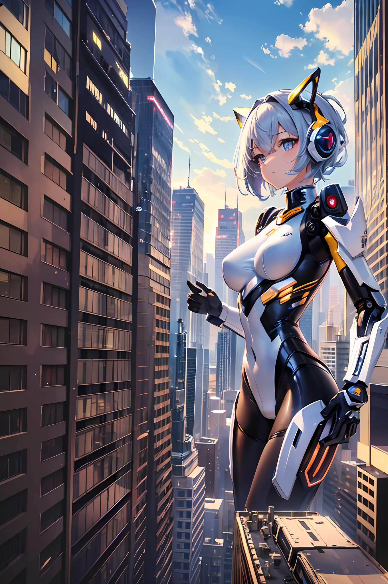 Top quality, masterpiece, highly detailed 8k wallpapers, (solo: 1.1), cute mecha girl who is as big as a skyscraper, crowd seen from the rooftop, (bodysuit), mechanical limbs, urban,