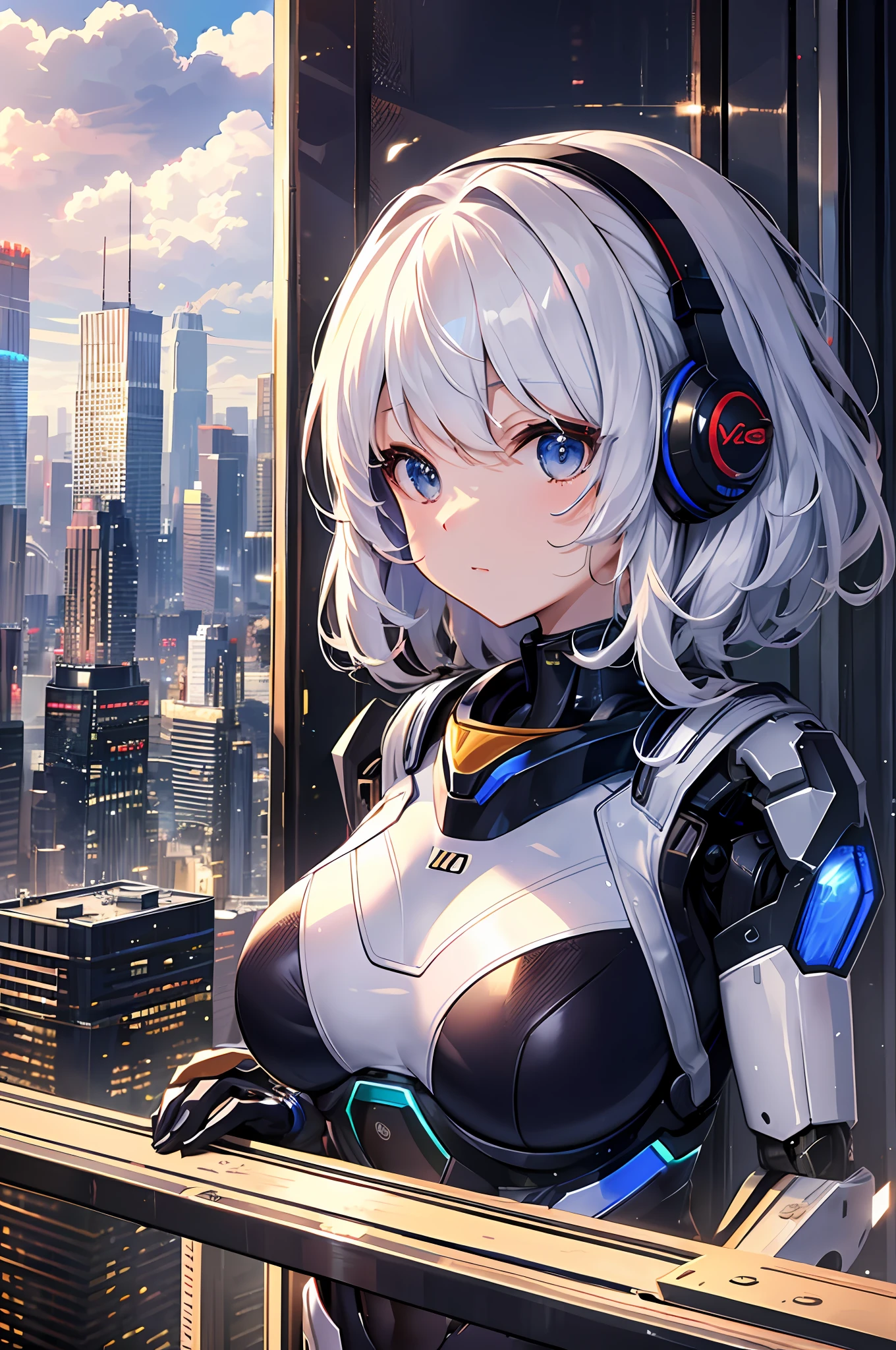 Top quality, masterpiece, highly detailed 8k wallpapers, (solo: 1.1), cute mecha girl who is as big as a skyscraper, crowd seen from the rooftop, (bodysuit), mechanical limbs, urban,