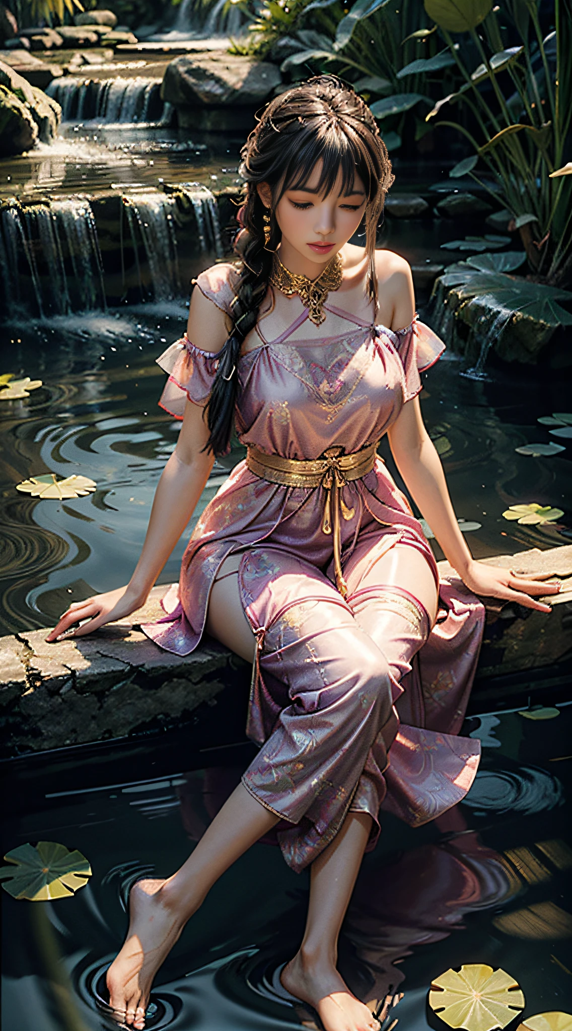 Sitting in a lotus pond full of lotus flowers and feet playing in the water, the art depicts a charming woman in a flowing, silky traditional oriental dress in pink, tight translucent pants, decorated with intricate patterns and bright colors. Her dress drapes elegantly over her curvy figure, accentuating her seductive silhouette. She sits gracefully by the tranquil lotus lake, her feet playing in the water, bathed in the soft glow of the moonlight. The scene exudes an ethereal and dreamy atmosphere, with a touch of mystery and sexiness. The graphic style blends watercolor and digital illustration techniques to evoke a refined beauty and charm. The lights are filled with soft moonlight, casting soft highlights and shadows on her charming features. Bare thighs, wearing tight translucent pants, large breasts, three-dimensional facial features, sitting, upturned legs, side braids