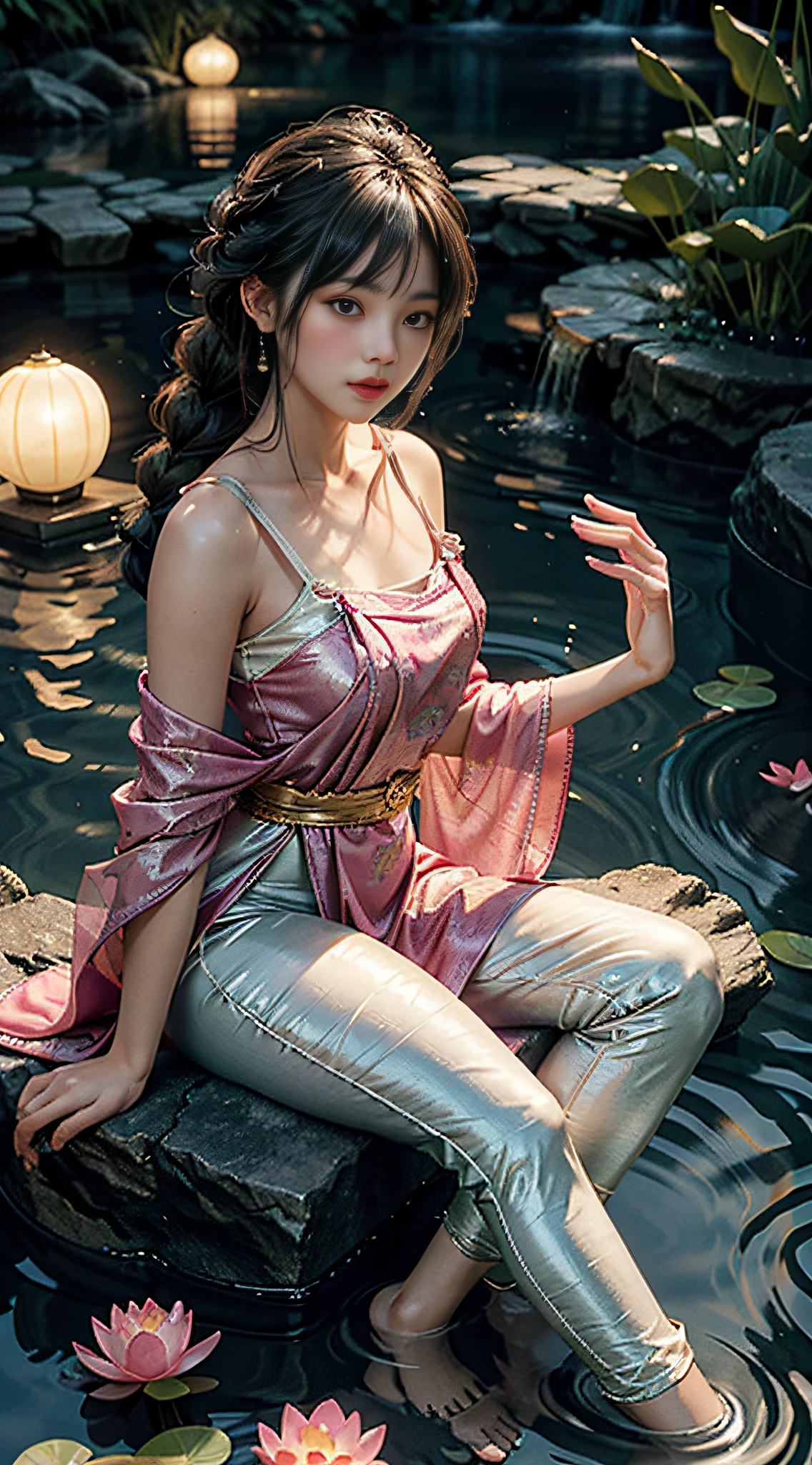 Sitting in a lotus pond full of lotus flowers and feet playing in the water, the art depicts a charming woman in a flowing, silky traditional oriental dress in pink, tight translucent pants, decorated with intricate patterns and bright colors. Her dress drapes elegantly over her curvy figure, accentuating her seductive silhouette. She sits gracefully by the tranquil lotus lake, her feet playing in the water, bathed in the soft glow of the moonlight. The scene exudes an ethereal and dreamy atmosphere, with a touch of mystery and sexiness. The graphic style blends watercolor and digital illustration techniques to evoke a refined beauty and charm. The lights are filled with soft moonlight, casting soft highlights and shadows on her charming features. Bare thighs, wearing tight translucent pants, large breasts, three-dimensional facial features, sitting, upturned legs, side braids