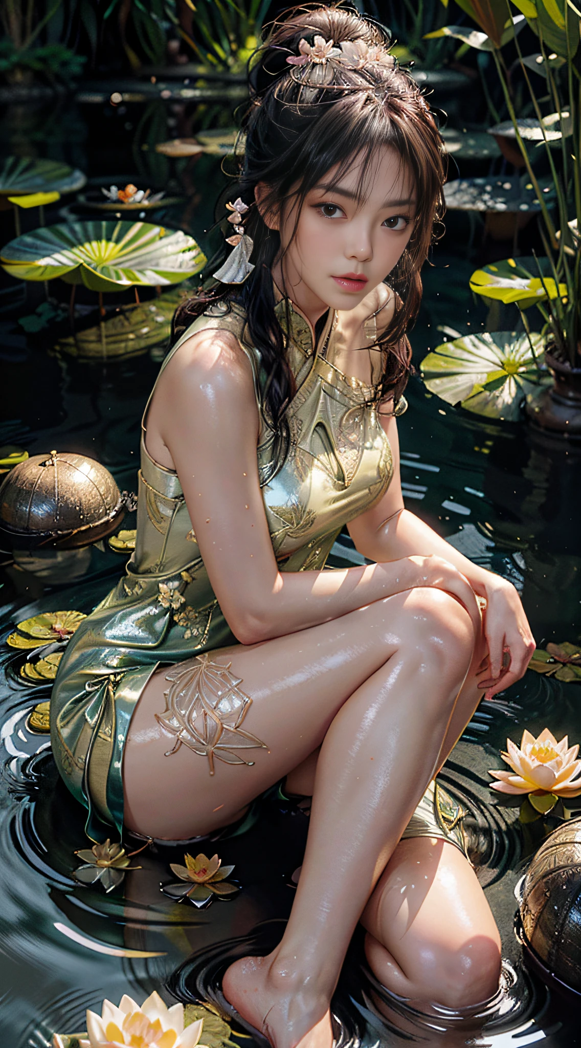 Sitting in a pond of lotus flowers blooming lots and lots of lotuses, feet playing in the water, art depicts a charming woman in a flowing, silky traditional oriental dress with pink, tight translucent trousers, decorated with intricate patterns and bright colors. Her dress drapes elegantly over her curvy figure, accentuating her seductive silhouette. She sits gracefully by the tranquil lotus lake, her feet playing in the water, bathed in the soft glow of the moonlight. The scene exudes an ethereal and dreamy atmosphere, with a touch of mystery and sexiness. The graphic style blends watercolor and digital illustration techniques to evoke a refined beauty and charm. The lights are filled with soft moonlight, casting soft highlights and shadows on her charming features. Bare thighs, wearing tight translucent pants, large breasts, three-dimensional facial features, sitting, upturned legs, side braids