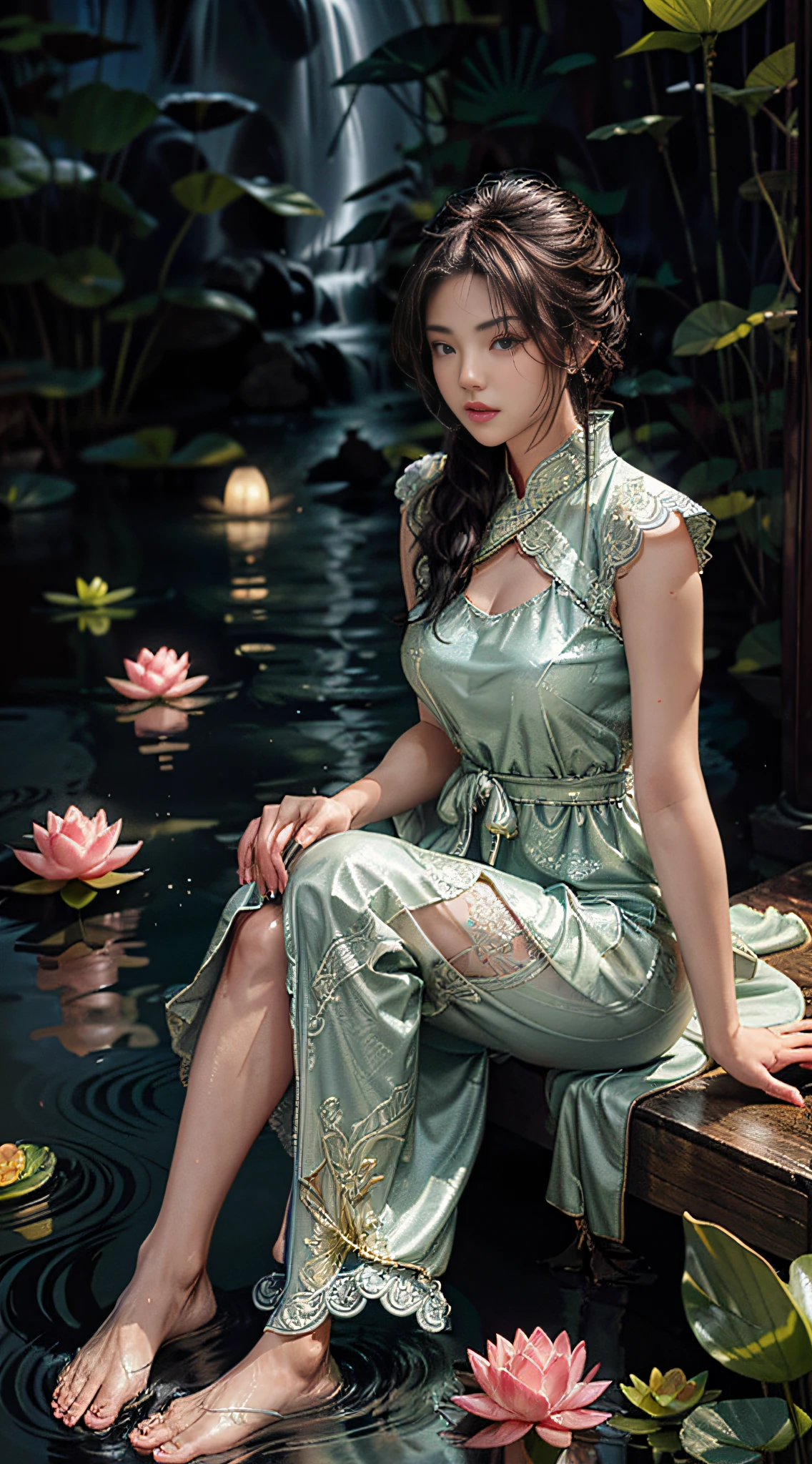 Sitting in a pond of lotus flowers blooming lots and lots of lotuses, feet playing in the water, art depicts a charming woman in a flowing, silky traditional oriental dress with pink, tight translucent trousers, decorated with intricate patterns and bright colors. Her dress drapes elegantly over her curvy figure, accentuating her seductive silhouette. She sits gracefully by the tranquil lotus lake, her feet playing in the water, bathed in the soft glow of the moonlight. The scene exudes an ethereal and dreamy atmosphere, with a touch of mystery and sexiness. The graphic style blends watercolor and digital illustration techniques to evoke a refined beauty and charm. The lights are filled with soft moonlight, casting soft highlights and shadows on her charming features. Bare thighs, wearing tight translucent pants, large breasts, three-dimensional facial features, sitting, upturned legs, side braids