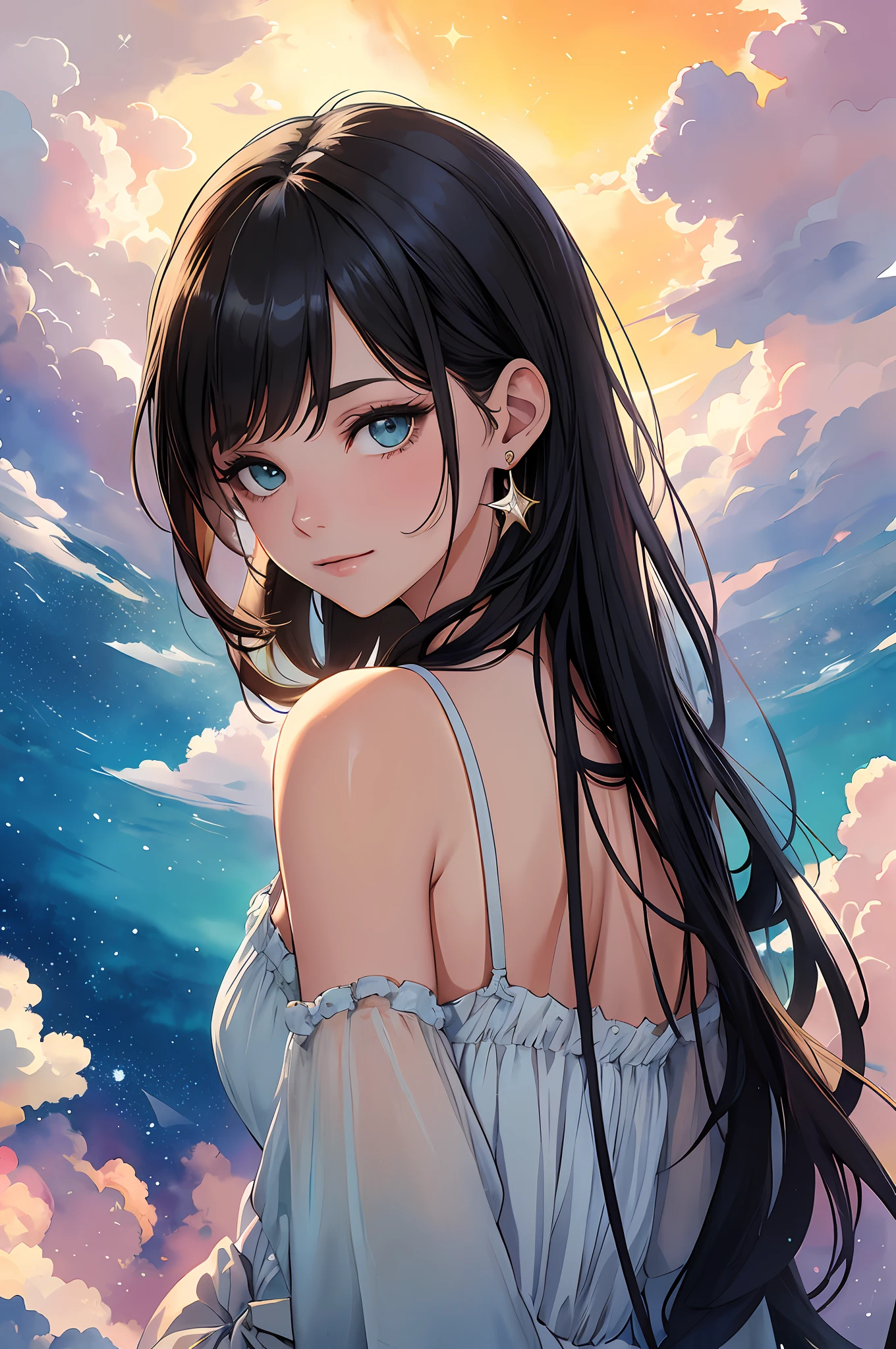 (Masterpiece, Top Quality, Best Quality, Watercolor (Medium), Official Art, Beautiful and Aesthetic: 1.2), (1 Girl: 1.3),Break,Solo Girl,,,Break,Big Eyes,Beautiful Detailed Eyes,Emmenardo Green Eyes, Long Lashes, Black Hair, Earrings, Break, Looking Away, Break, High Saturation, Break, Starry Sky, Colorful, Clouds, Break, Smile, break, model, break,bare shoulders,sundress, simple,break,)