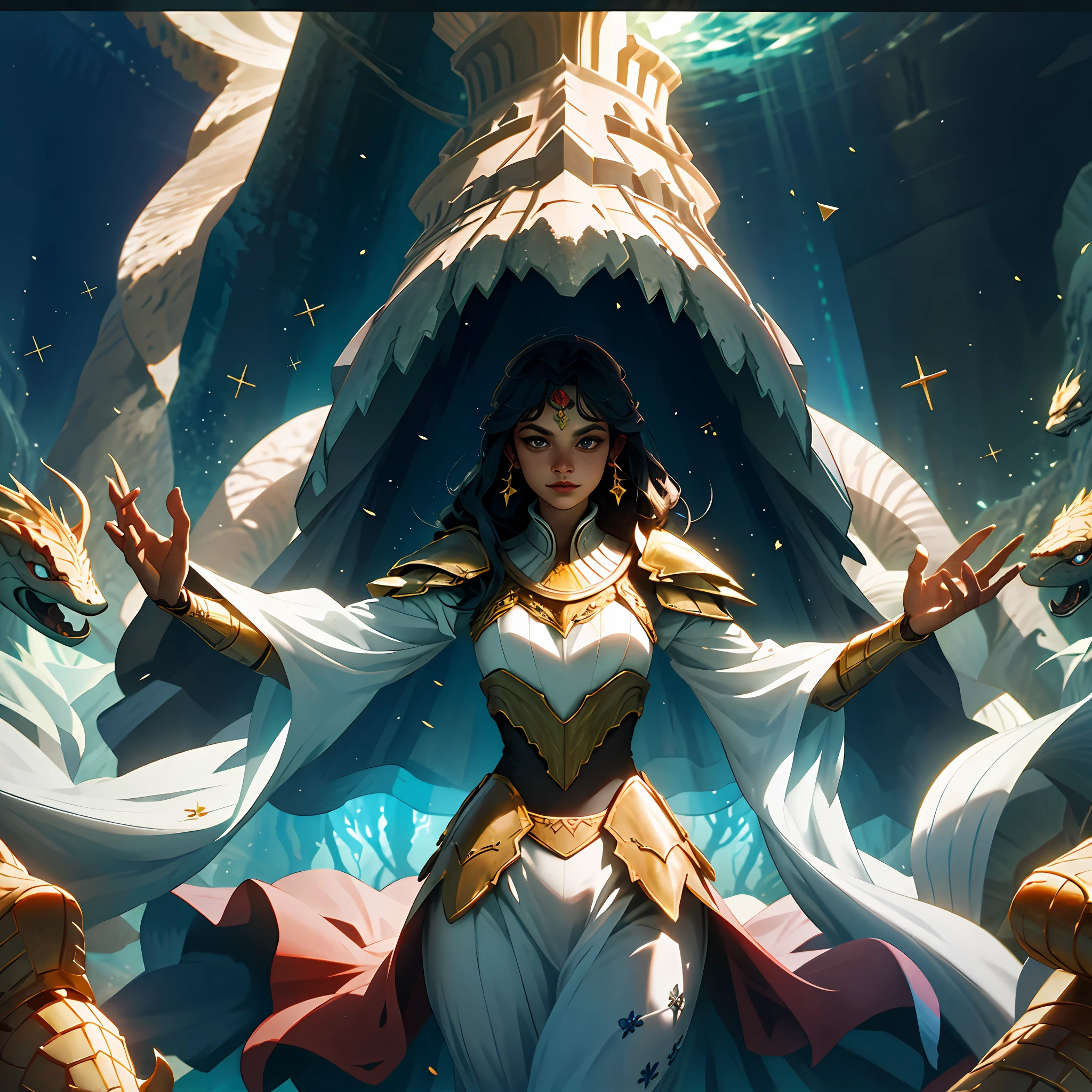 gourgeos, complex layout, armored praying, castle underwater, beautiful lights, particles, beams of light, strong shadows, complex structures, gold, golden, corals, magic,misteryous, digital art, red aura, masterpiece, ruins, high details, debri, wood, fishs, realistic, cinematic, eel, flowers, perfect face, long hair, saint, pure