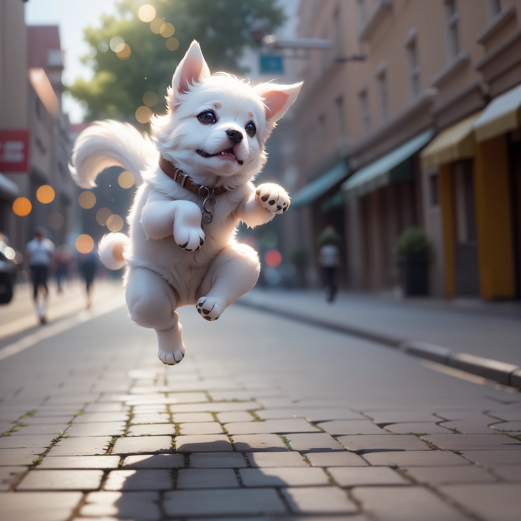 Close-up photo of a very cute jumping puppy on the street, white, soft volumetric light, (backlight: 1.3), (movie: 1.2), intricate details, (ArtStation: 1.3), Rutkowski