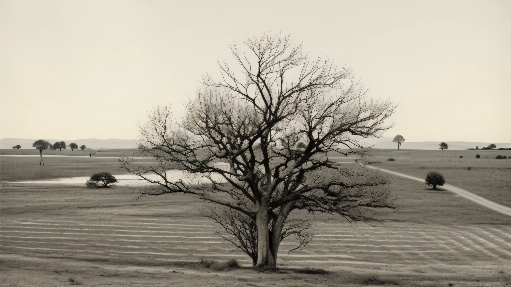 there is a black and white photo of a tree in a field, ( ( photograph ) ), sparse trees, lonely tree, old tree, dead tree, dry trees, large tree, tree; on the tennis coat, sparse bare trees, inspired by Dorothea Lange, landscape photograph, photo taken from far away, by Russell Drysdale, single tree