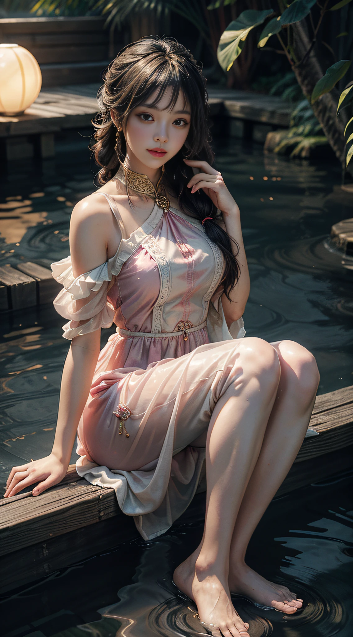 Sitting by the lotus lake, not many lotus flowers blooming, feet playing in the water, art depicts a charming woman, dressed in a flowing, silky traditional oriental dress, pink, tight translucent pants, decorated with intricate patterns and bright colors. Her dress drapes elegantly over her curvy figure, accentuating her seductive silhouette. She sits gracefully by the tranquil lotus lake, her feet playing in the water, bathed in the soft glow of the moonlight. The scene exudes an ethereal and dreamy atmosphere, with a touch of mystery and sexiness. The graphic style blends watercolor and digital illustration techniques to evoke a refined beauty and charm. The lights are filled with soft moonlight, casting soft highlights and shadows on her charming features. Bare thighs, wearing tight translucent pants, large breasts, three-dimensional facial features, sitting, upturned legs, side braids