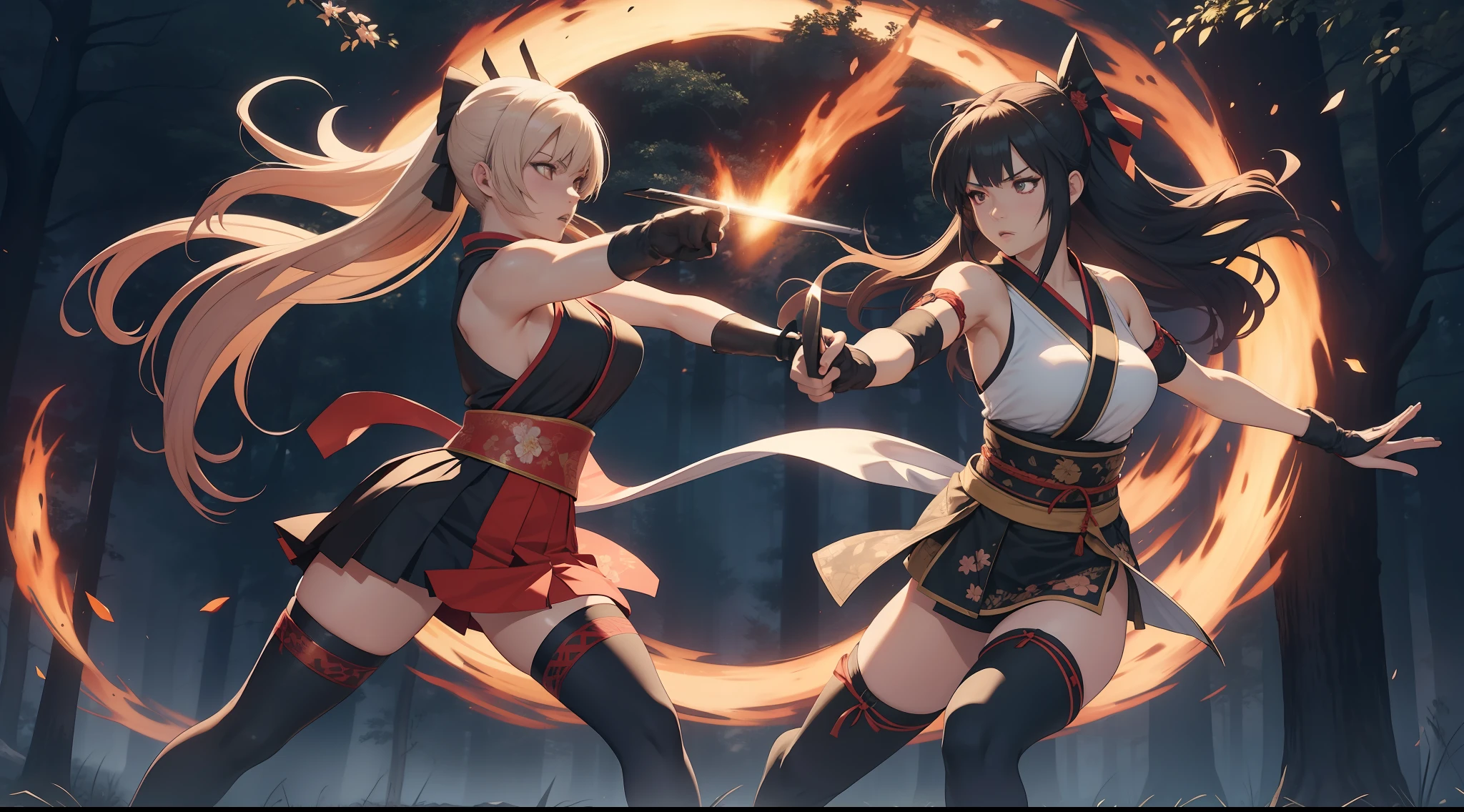 Full body shot of two female character from Dead or Alive games, with serious expression, fighting 1 versus 1 in a fierce duel death match with short swords weapon. One of them take lethal slash and wounded. They have long loose hairstyle. They are wearing different color of traditional sleeveless kimono, with a floral print skirt, an obi tied on back hip. Both of them are wearing a pair of long black elbow gloves, a pair of 100% black thigh highs, and black shoes. Background set in a dark forest.