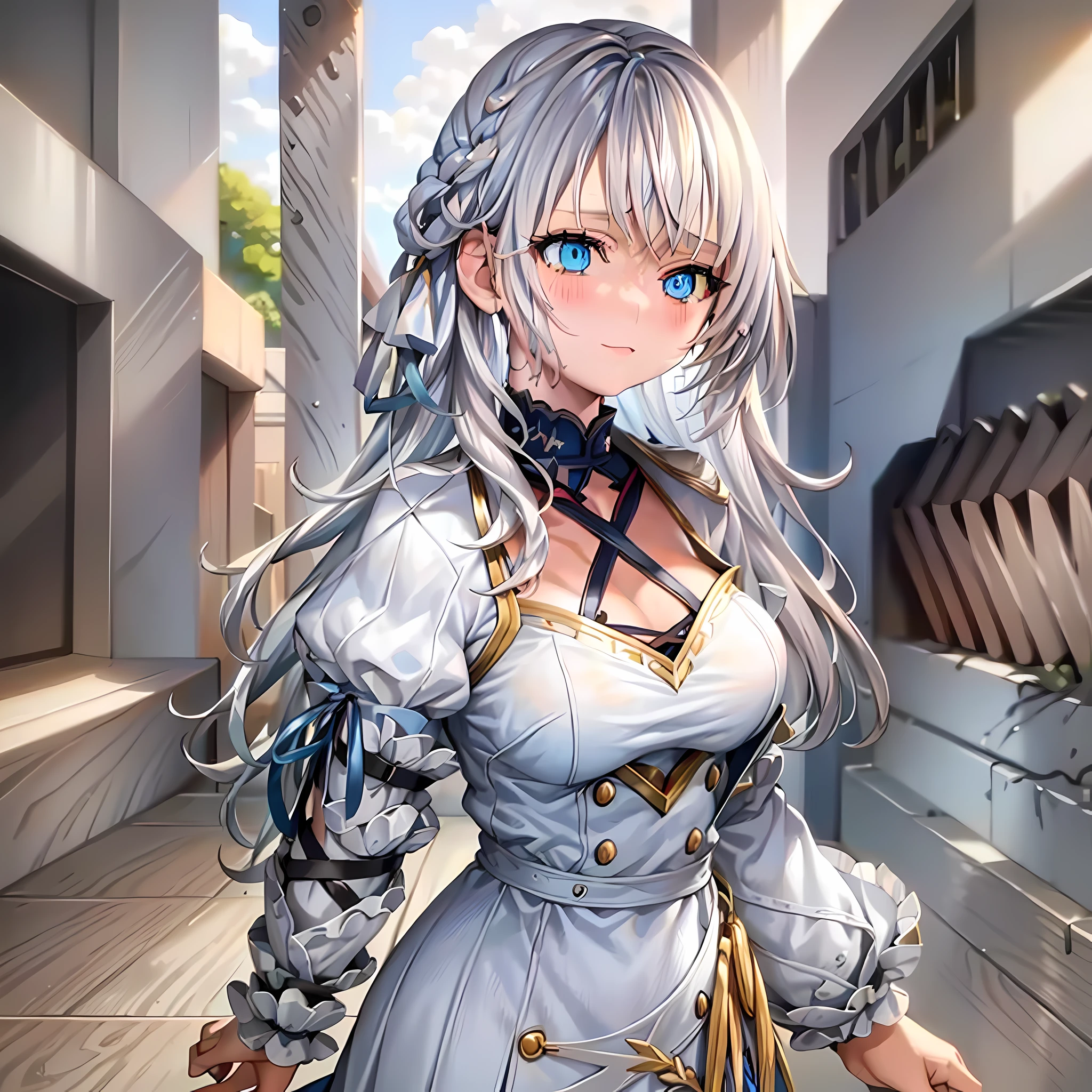 clothes reflecting light, (light diffraction on skin: 1.35), (glossy skin: 1.55), (iridescence effect: 1.55),anime, a woman with white hair and blue eyes smiling seductively is standing in a room, , process art, seductive anime girl, **** in dress, visual anime of a cute girl, girl with perfect white hair, anime moe artstyle,  fine details. Girls Frontline, From Girls Frontline, A Hyperrealistic Schoolgir, Anime Girl Wearing White Shirt with Blue Hair, Breasts, 1Girl, Neckline, Shirt, Long Hair, Blue Eyes, Drowning, Solo, White Shirt, Big Breasts, Wet, Wet Clothes, Blush, Short Sleeves, Bangs,(Masterpiece, Best Quality, Ultra-Detailed: 1.6), Illustration, (Solo, 1 Girl, Beautiful Detailed Eyes: 1.2), City, Street, Making a Heart with Fingers, Expression of girl in love, open the neckline of her dress