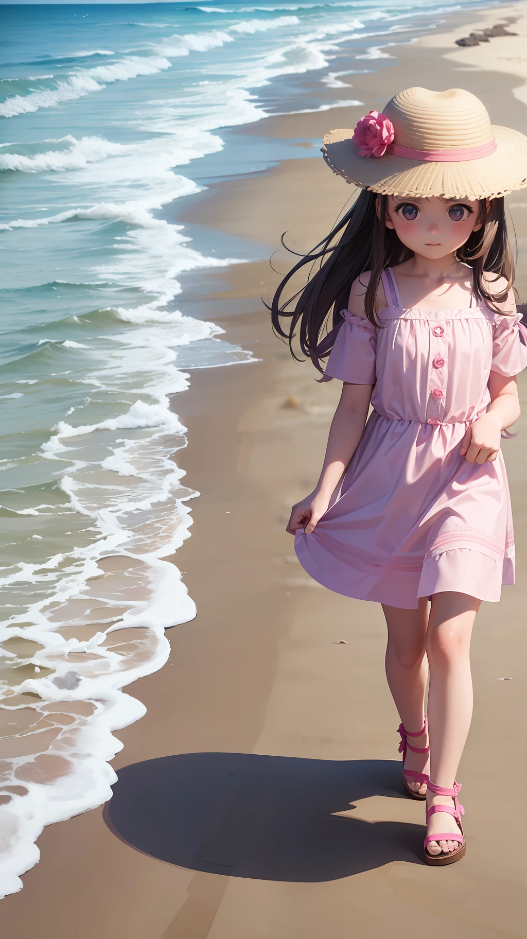 A beautiful little girl, walking on the edge of the beach, with her puppy, real image 8k, wearing a pink blouse, hat.