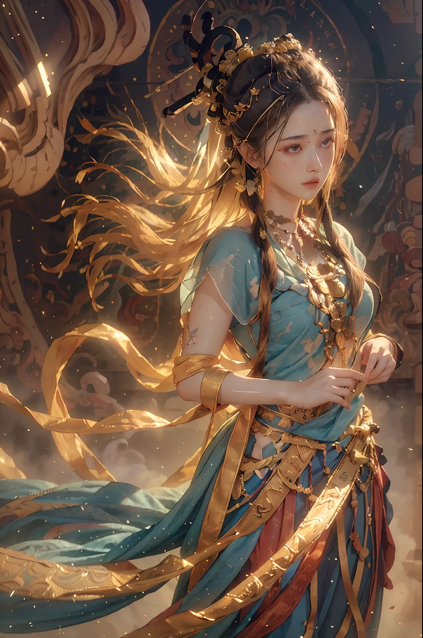 (RAW photo, best quality), (realistic, photo-realistic:1.3),best quality,highly detailed,masterpiece,ultra-detailed,illustration,1girl,upper_body,dynamic angle,world masterpiece theater,messy_long_hair,best quality,extremely detailed CG unity 8k wallpaper,ink,Amazing,cinematic lighting,lens_flare,,dunhuang_style