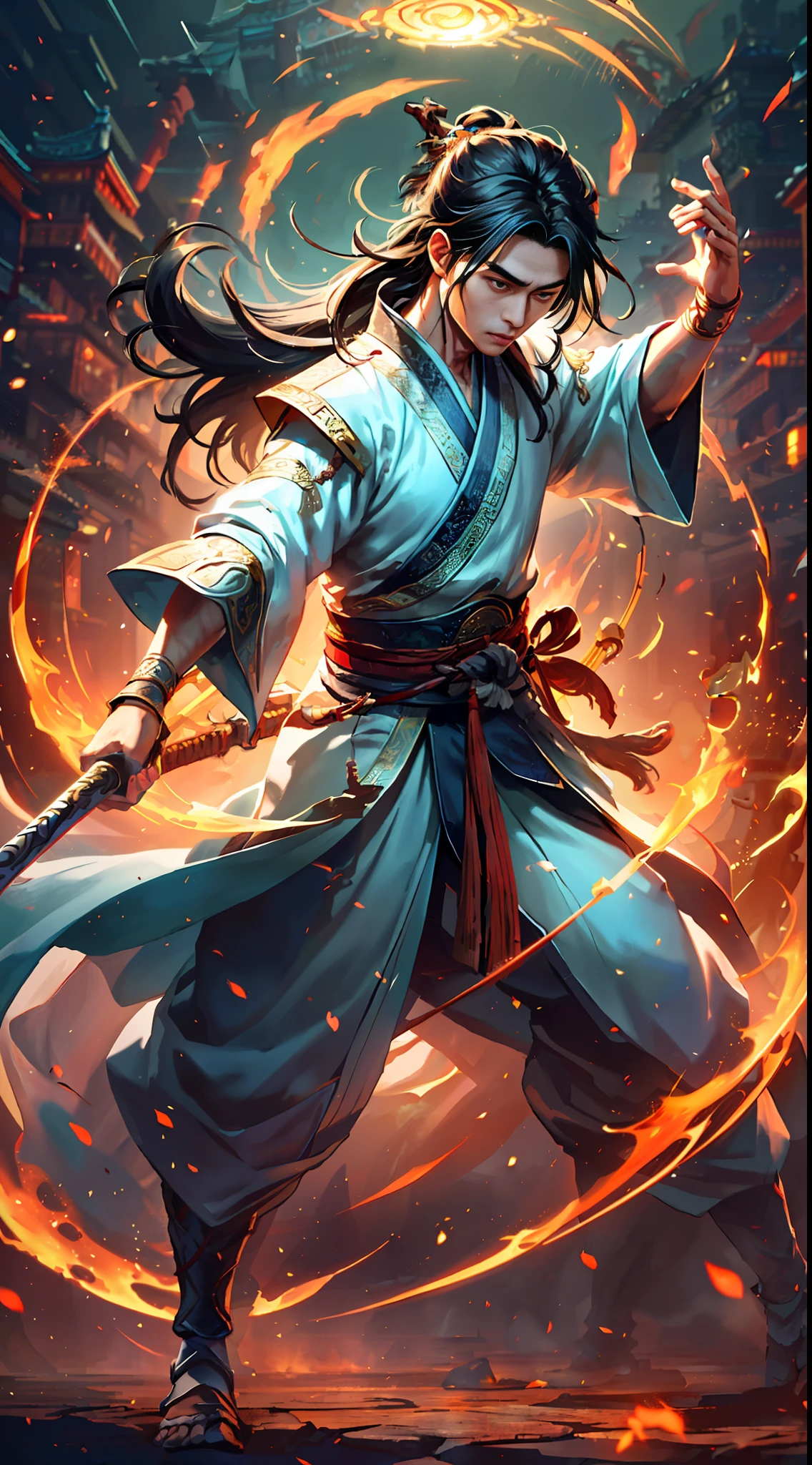 ((Best Quality)), ((Masterpiece)), (Rich in Detail), A Boy, Handsome, Cold Face, Long Black Hair, Messy Hair, (The Legend of Sword and Fairy), Miao Dao, Full Body Surrounded by Fire, Sword Dance, Around Halo, Cinematic Lens, Dynamic Movement, (Vivid, Vivid, Vibrant), Movie, Amazing Epic, Ancient Chinese Theme, Magic Circle, Xiu Xian, Yuhuozhishu, Fire, Soft Focus, Chiaroscuro, Game CG Style.