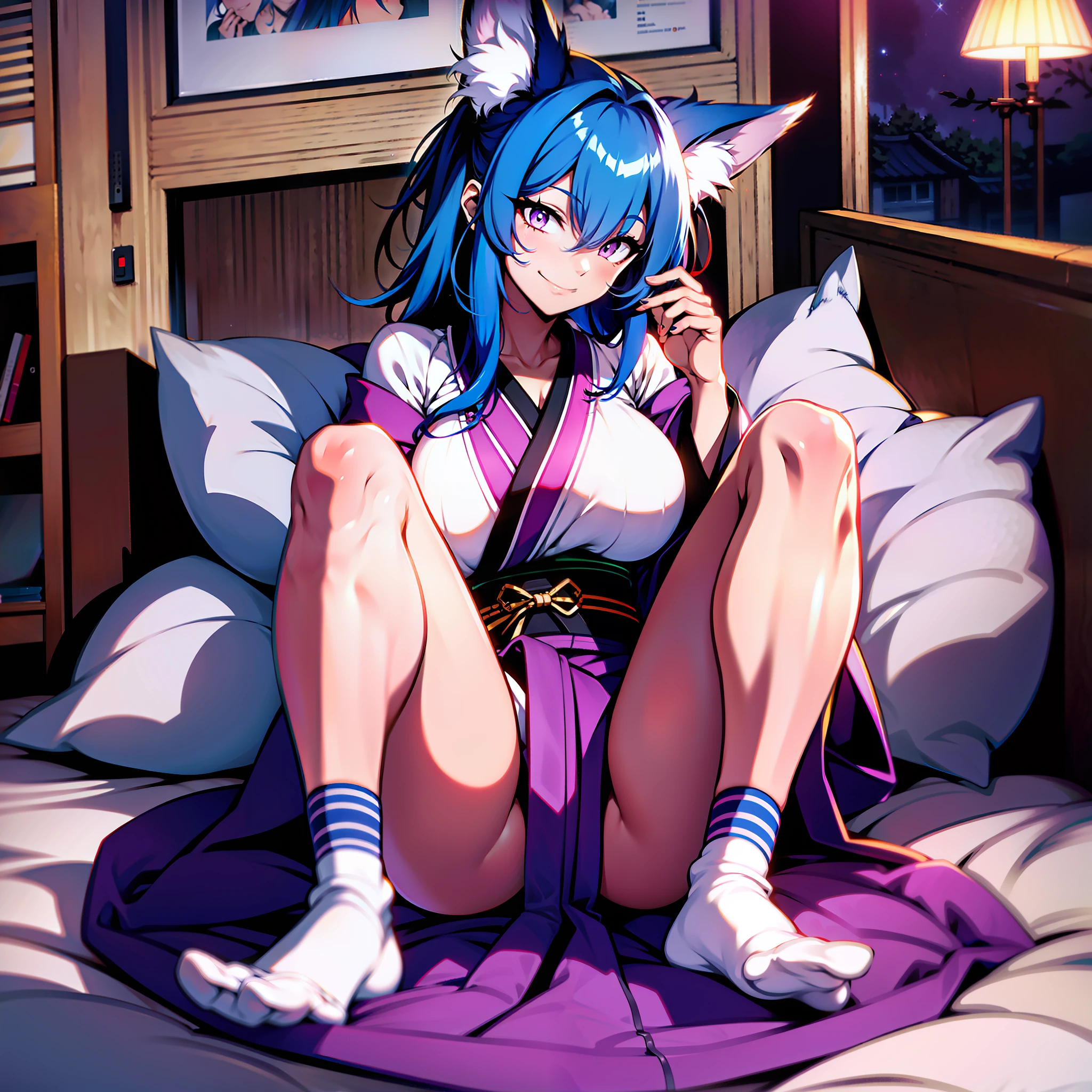 white socks,legs open, neckline, lying on a bed, night, 1girl, big breasts, smile, short, chubby, full body, long blue hair, upper blue hair, chained lower red hair, blue fox ears, blue fox tail, big bust, grey eyes, grey pupils, purple kimono, black knee length shorts, scanned, , Hedda Sterne