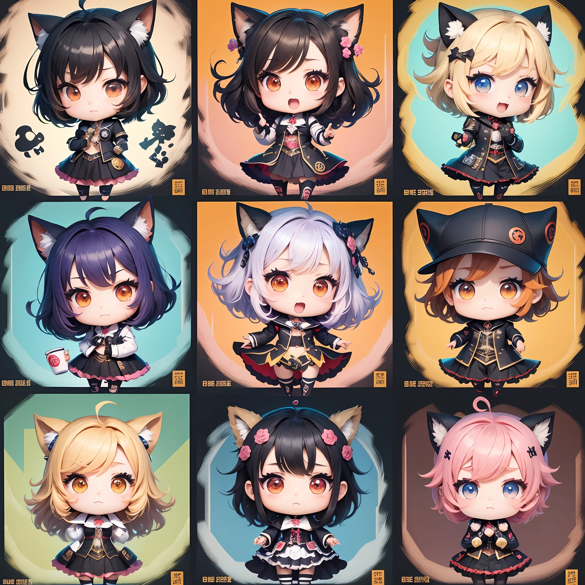 The character costumes are KPOP, 9 anime character stickers with different expressions, KPOP collection style, anime KPOP art style, KPOP frontline style, KPOP art style, KPOP style, official artwork, chibi art, pixiv, KPOP style, cute KPOP artwork Various poses, Trending on Art Station pixiv --auto --s2