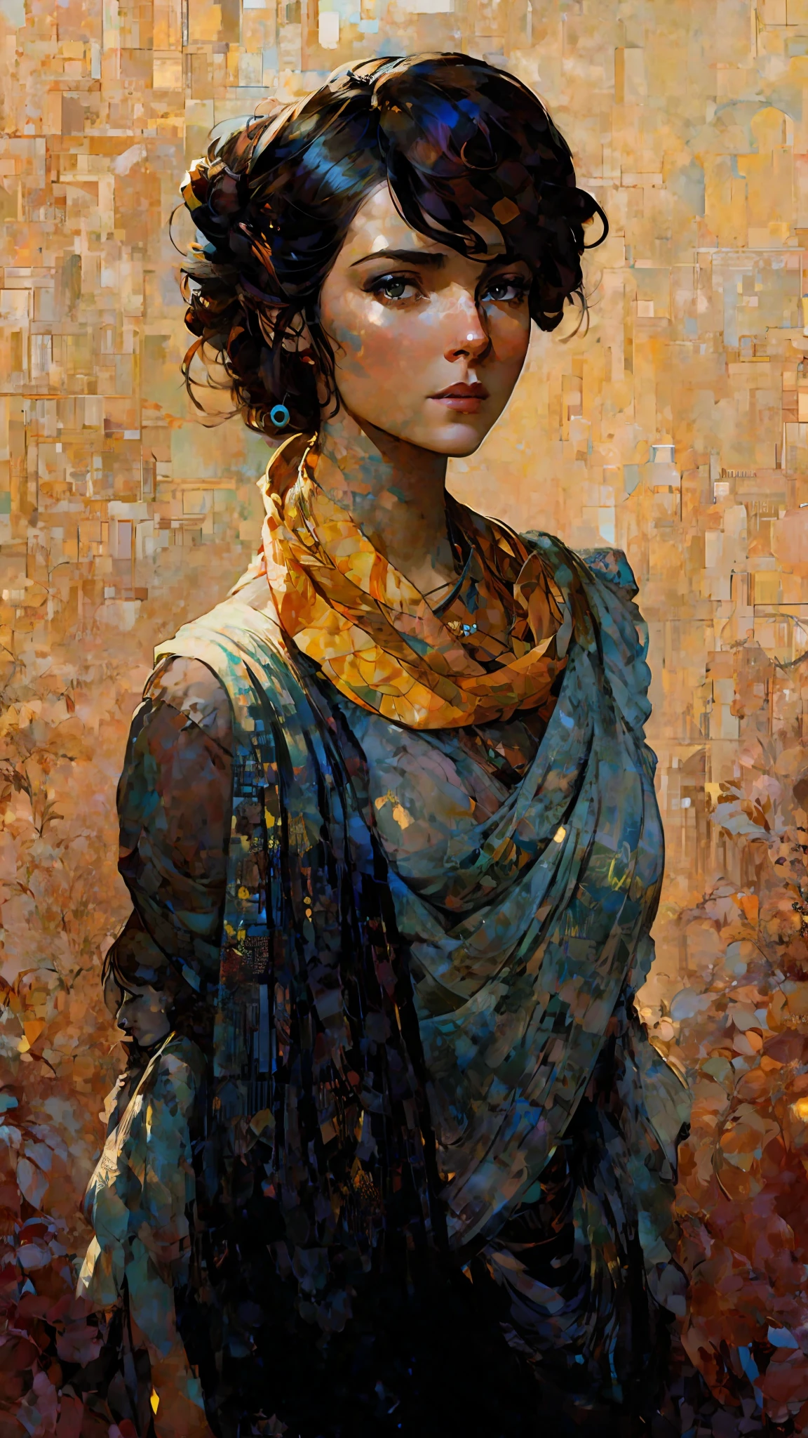 a painting of a woman with a scarf on her neck, craig mullins alphonse mucha, artgerm craig mullins, beautiful character painting, rhads and lois van baarle, artgerm and atey ghailan, charlie bowater rich deep colors, ross tran 8 k, ( ( mads berg ) ), artgerm and craig mullins
