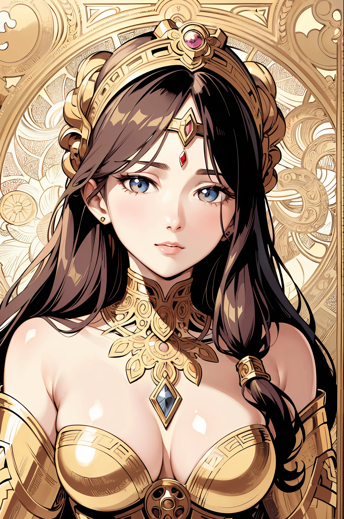 Portrait of the face of a European woman , long curly hair, collarbone, golden, floral frame, decorative panel, abstract
Realism, art, Alphonse Mucha
(Masterpiece, Best Quality, High Resolution: 1.4), Detail, Intricate Detail, 4K, Color Splash, Line Art, Fibonacci,