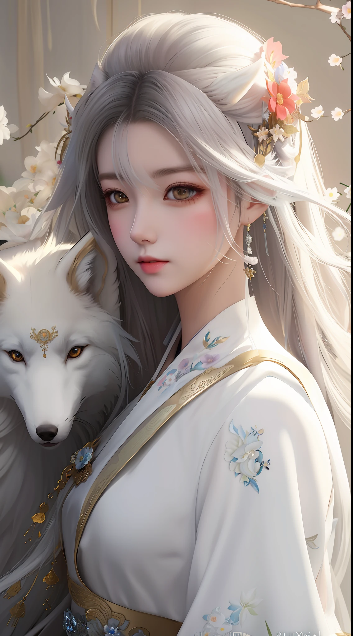 anime girl with white wolf and flowers in her hair, by Yang J, a beautiful fox lady, beautiful character painting, artwork in the style of guweiz, guweiz, white - haired fox, a beautiful kitsune woman, beautiful digital artwork, by Fan Qi, by Ni Tian, by Li Song, a beautiful artwork illustration, by Leng Mei
