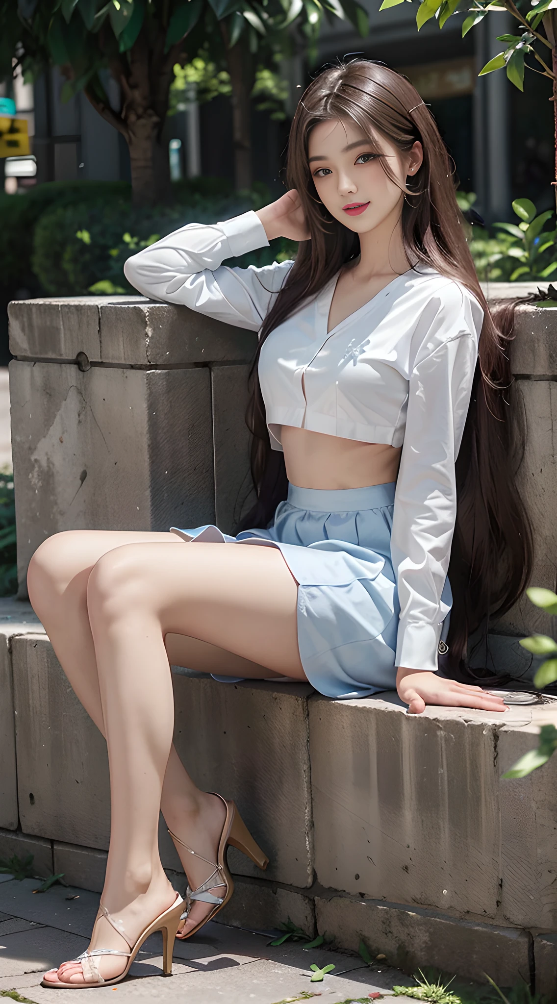 (Best quality, masterpiece: 1.2), (extremely intricate details), high definition, extremely delicate beauty, beautiful beauty, (display panties: 1.3), big breasts, beautiful hairstyle, charming face, red lips, shiny skin, realistic, brightly colored, professional color grading, casual wear, street, suburb, park, lakeside, high heels, full body, dynamic pose, (light casual long skirt, raised skirt: 1.3), long hair, bright smile, coquettish face, long face, under the chest, shirt, but feel free to try, sbg, chest grab, chest plucking, grinning, underwear, beautiful underwear, small face