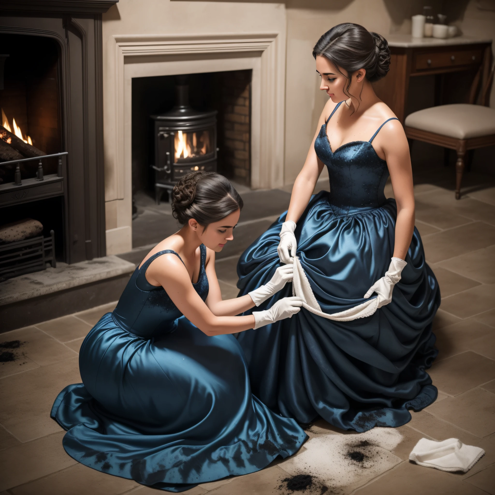 Cinderella, dressed still in her soot-stained, sparkling blue satin ballgown, kneels on the dirty, stone kitchen floor by the fireplace, scrubbing the caked-on dirt and grime with a brush. Her once-gleaming glass slippers are now scuffed and dirt-stained, but she hasn't bothered to take them off, her focus solely on the task at hand. Her hair, once styled in an elegant updo, has come undone, and strands of brown hair fall haphazardly around her flushed cheeks. She still wears her long, white satin gloves, now stained with soot and grime. Her face is smudged with soot and dirt, but her eyes still sparkle with the memory of the magical evening. Her movements are slow and deliberate, as if she is lost in thought, her mind still reeling from the events of the night. She continues to scrub the floor, a small smile playing at the corners of her lips. (housework) (messy) (((disheveled)))