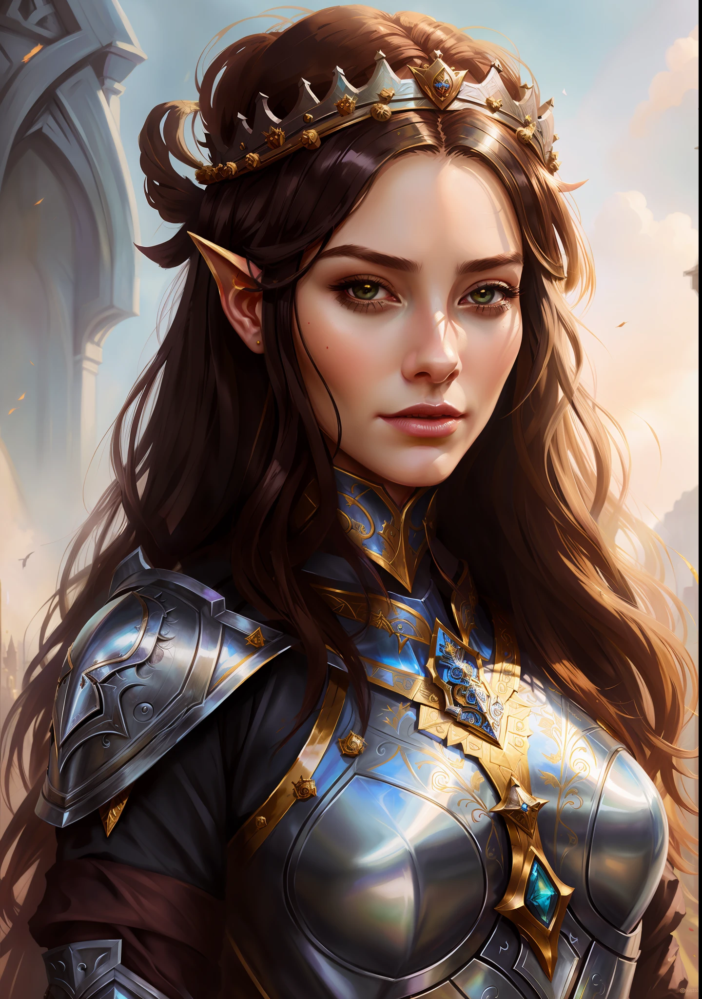 a woman in armor with a crown on her head, beautiful fantasy portrait, beautiful maiden, beautiful fantasy maiden, fantasy art style, beautiful character painting, beautiful fantasy art portrait, fantasy portrait, girl in knight armor, beautiful female knight, alluring elf princess knight, artwork in the style of guweiz, a beautiful fantasy empress, fantasy concept art portrait